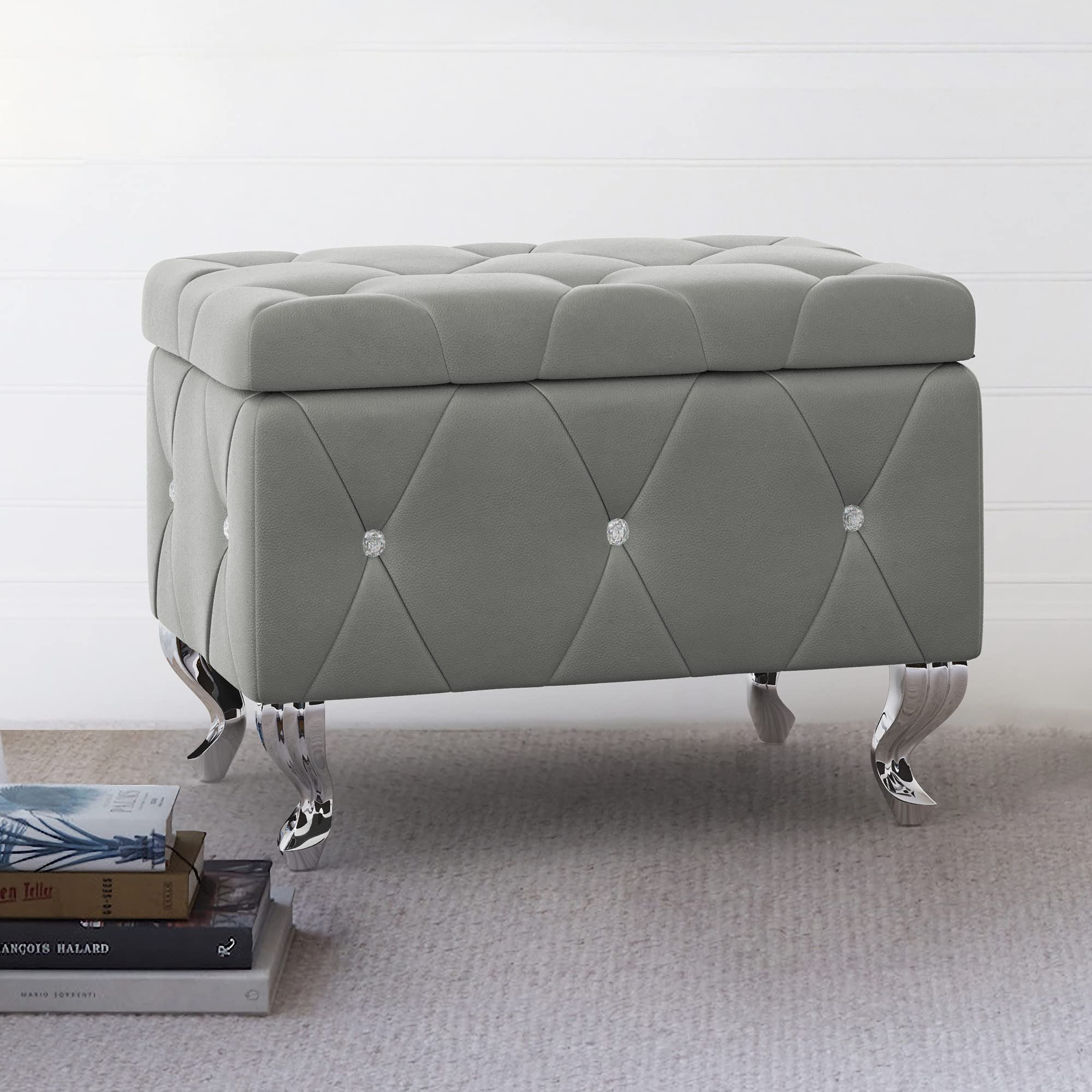 LUE BONA Grey Faux Leather Storage Ottoman Bench with Diamond Tufted Design - Upholstered Small Footrest Seat with Hidden Storage Compartment - Perfect for Living Room, Bedroom & Entryway Organization | Space-Saving Furniture for Small Apartments & Home Decor