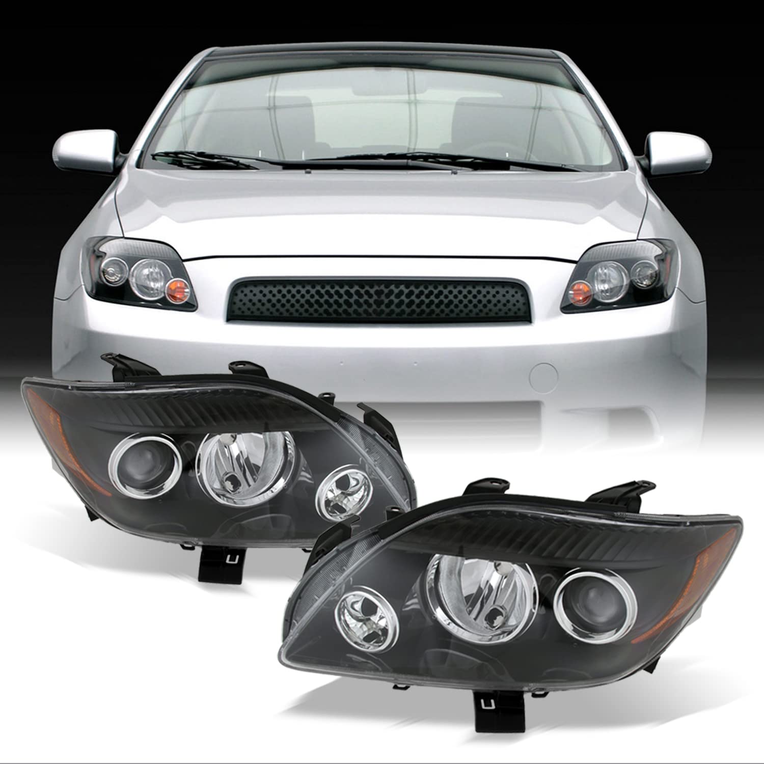 AKKON Replacement Projector Headlights for Scion tC Sport Coupe - Amber Black Housing - Upgrade Your Night Driving Safety & Style (Perfect for City Commuting & Highway Driving)