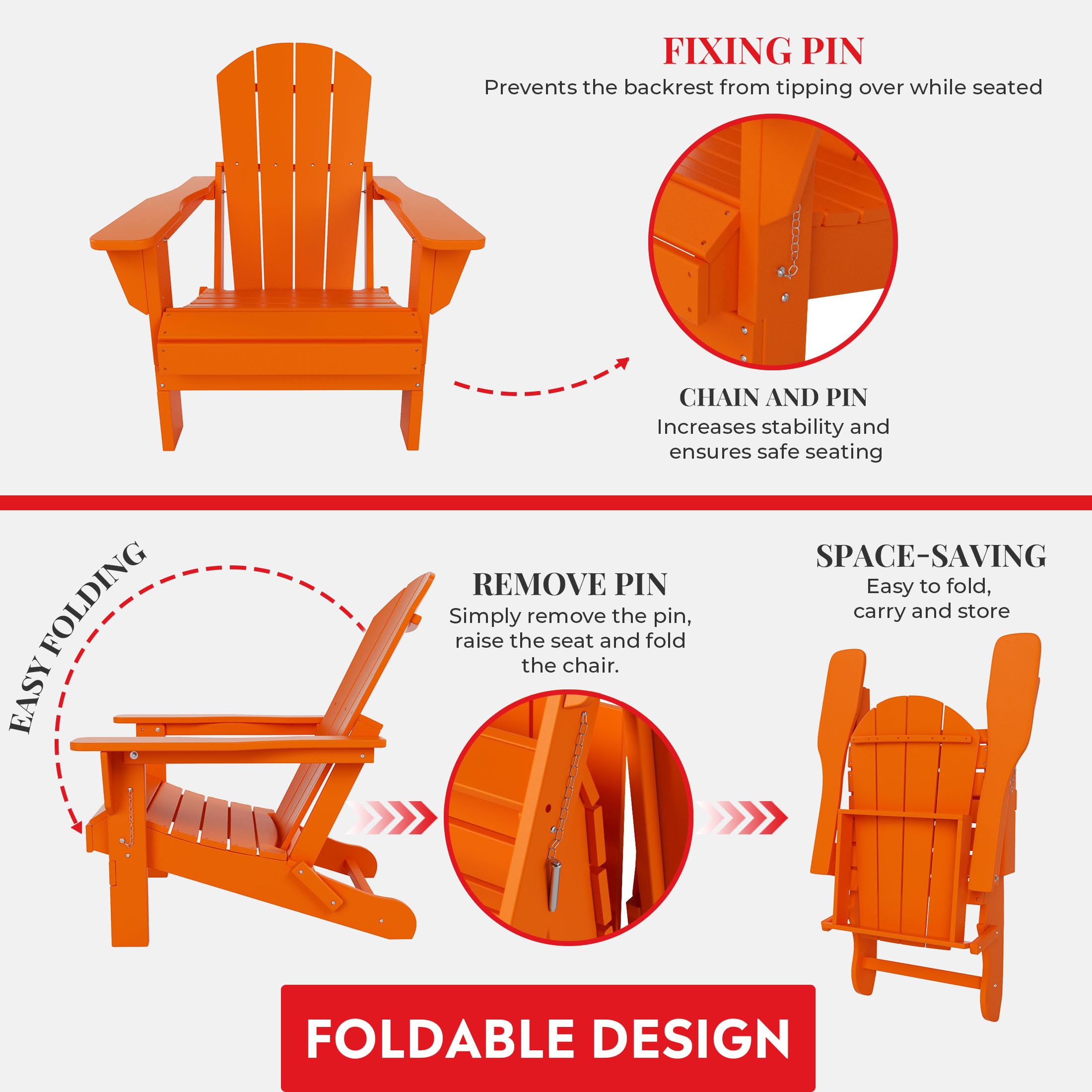 Premium Outdoor Folding Chair - All-Weather Patio & Garden Seating, Portable Adirondack Style for Backyard, Pool, Camping & Firepit (Orange) | Perfect for Picnics, Beach Trips & Outdoor Parties