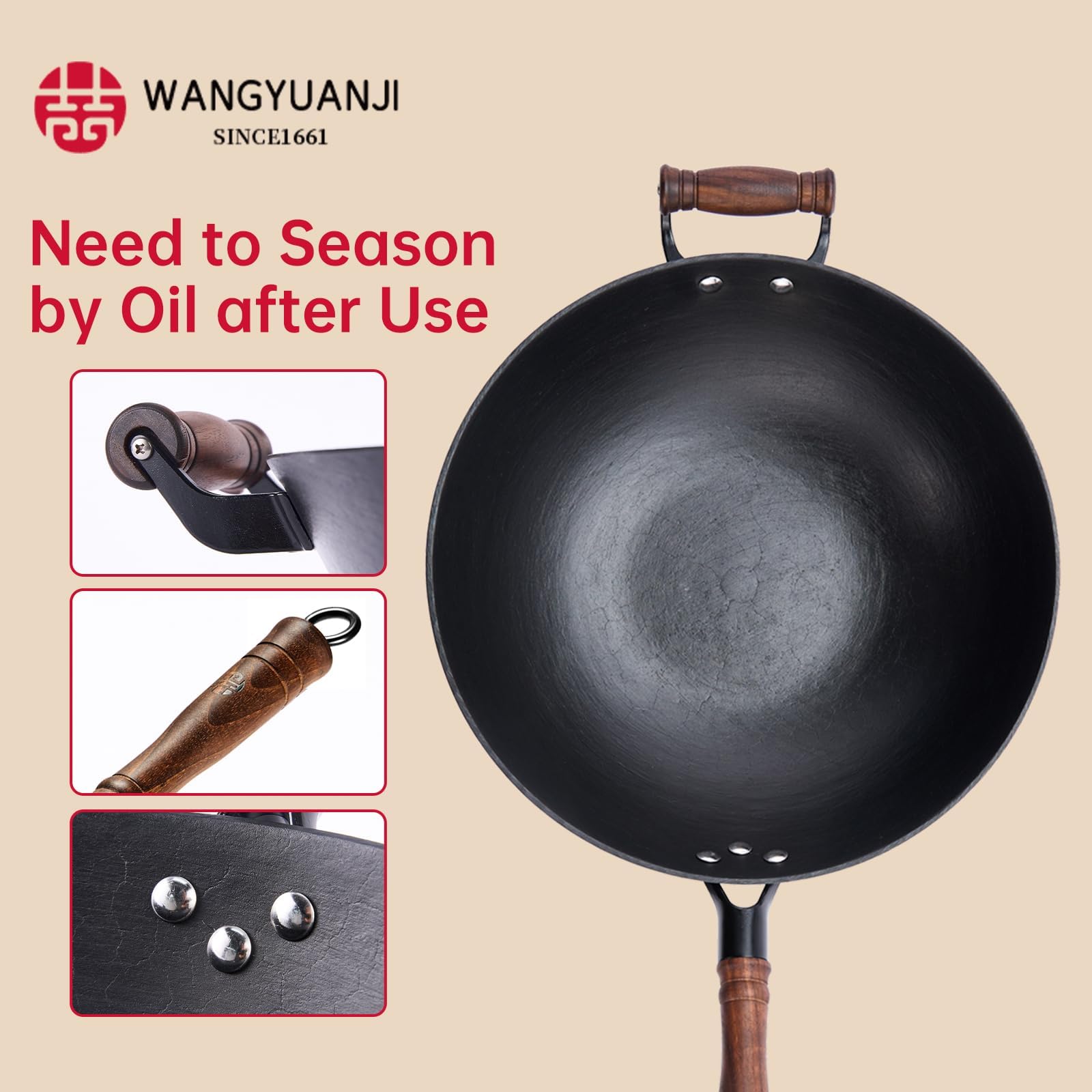 WANGYUANJI 12.59 Inch Cast Iron Wok with Glass Lid - Flat Bottom Uncoated Skillet for Gas, Electric & Induction Cooktops - Healthy Stir Fry Pan for Asian Cooking, Sautéing & Deep Frying