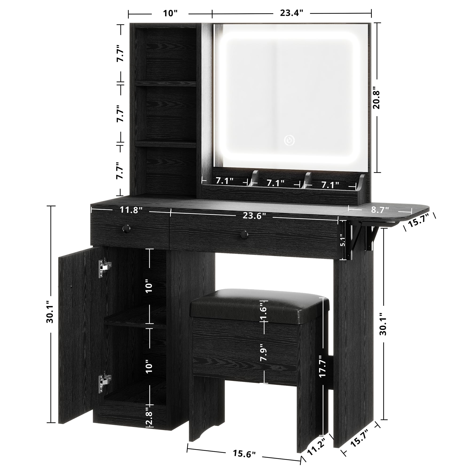 IRONCK Vanity Desk with LED Lighted Mirror, Power Outlet & Storage Stool - Makeup Dressing Table with Drawers & Cabinet for Bedroom, Black - Perfect for Beauty Routine & Home Decor