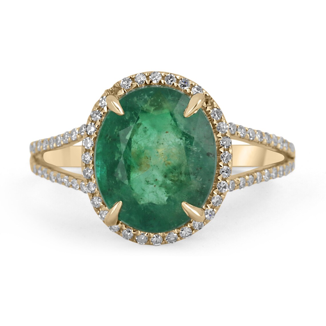4.19tcw Natural Emerald Oval & Diamond Halo Split Shank Engagement Ring in 14K Gold - Perfect for Proposals, Anniversaries & Bridal Jewelry