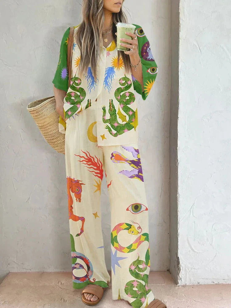 2 Piece Women's Outfit - Bohemian Print Half Sleeve Shirt & Wide Leg Pant Set | Summer Casual Loose Fit Matching Set for Beach, Vacation & Everyday Wear