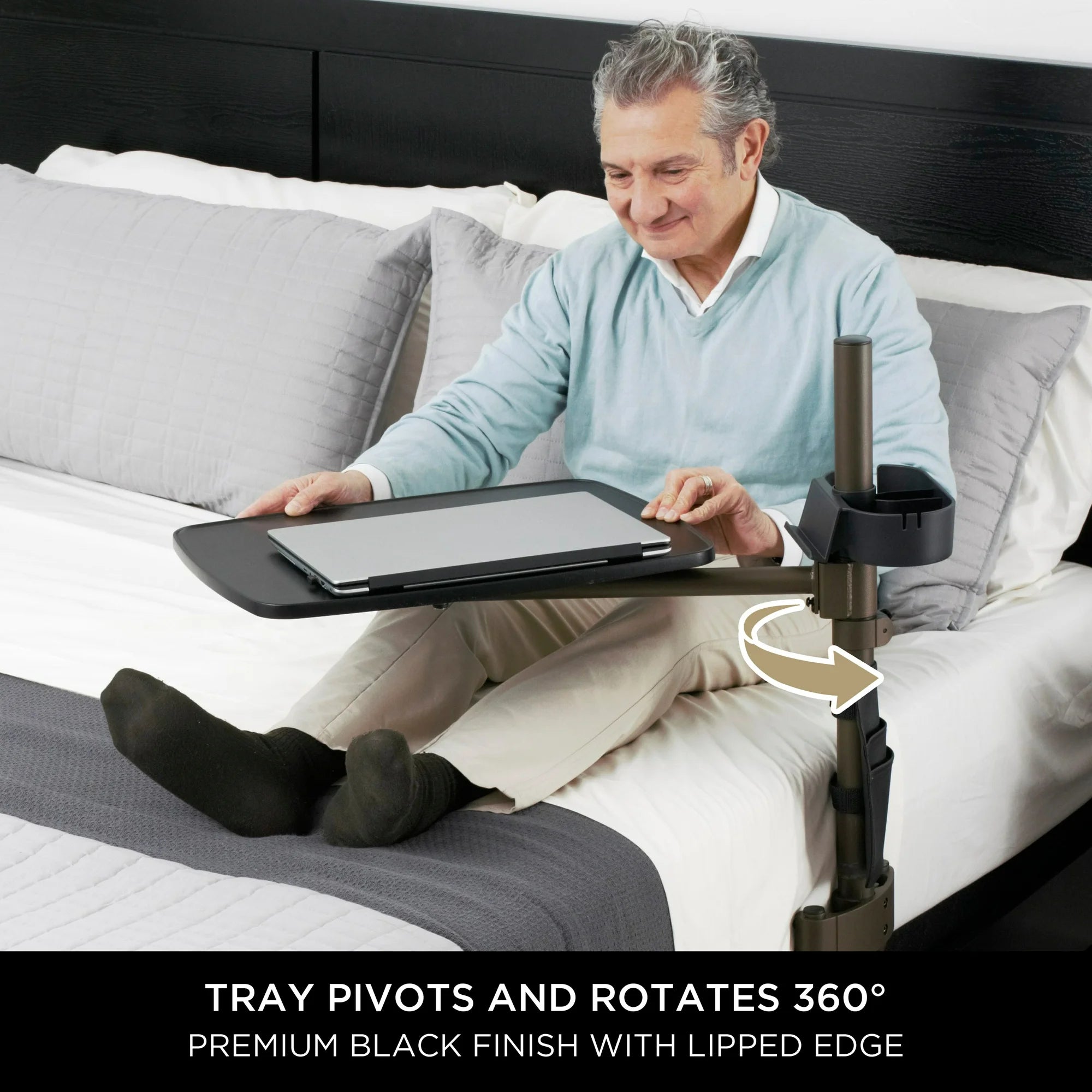 Signature Life Overbed Table with Swivel Tray - Adjustable Height Large Bedside Table with Cup Holder & Laptop Stand - Perfect for Eating, Working, or Reading in Bed - Hospital & Home Use