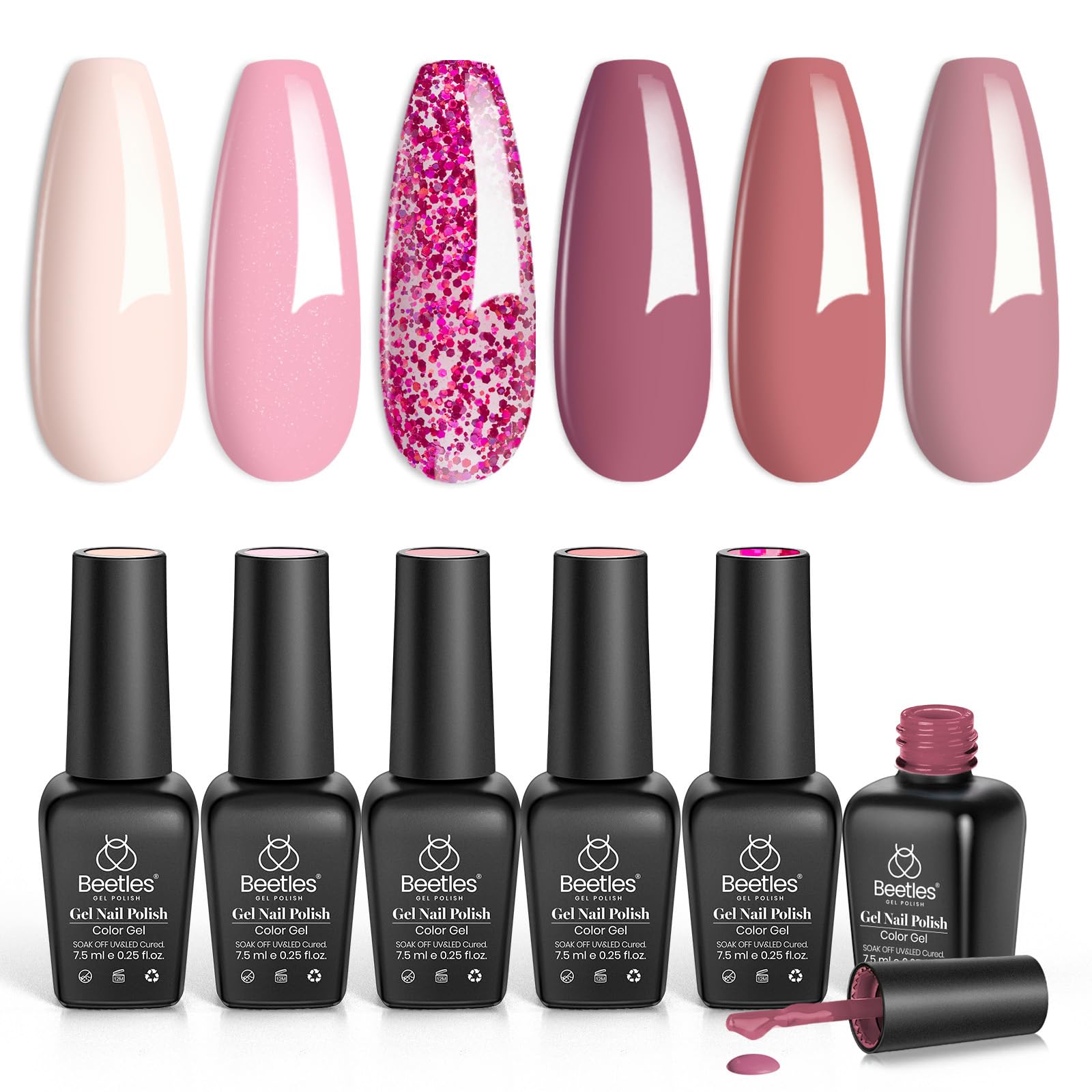 Beetles 6 Colors Gel Nail Polish Set - Pink Confetti Collection with Classic Nude, Glitter & Pastel Shades | Soak Off UV LED Nail Art Varnish | Manicure Kit for Women | Perfect for Home Salon, Party Nails & Gift Giving