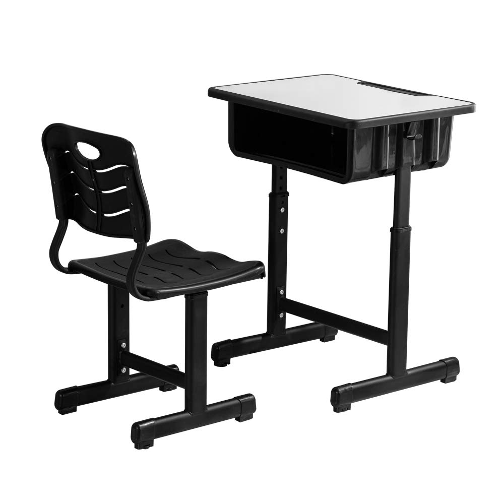 Adjustable Height Student Desk and Chair Set with Drawer, Pencil Grooves & Hooks - Ergonomic Study Workstation for Kids, Teens - Perfect for Home, School & Online Learning (Black & White)
