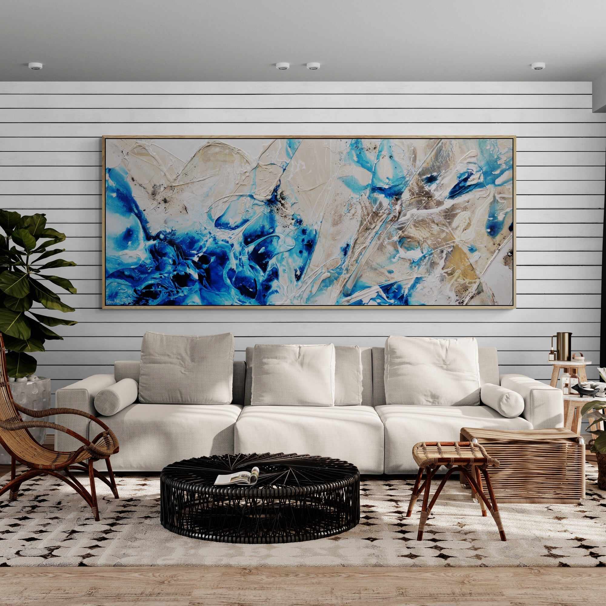 Midnight Casbah 240cm x 100cm Malt Blue Textured Abstract Canvas Art - Modern Wall Decor for Living Room, Bedroom & Office