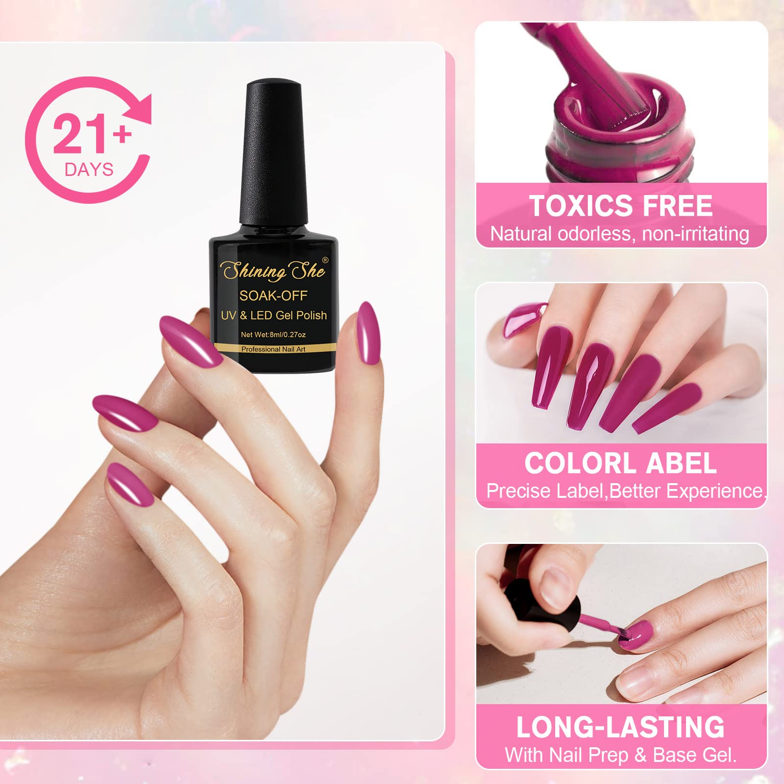 Shining She 6 Colors Pink Rose Gel Nail Polish Set - Soak Off UV LED Nail Polish Kit for DIY Home & Salon Nail Art (8ML) | Perfect for Valentine's Day, Bridal, Party & Everyday Manicures