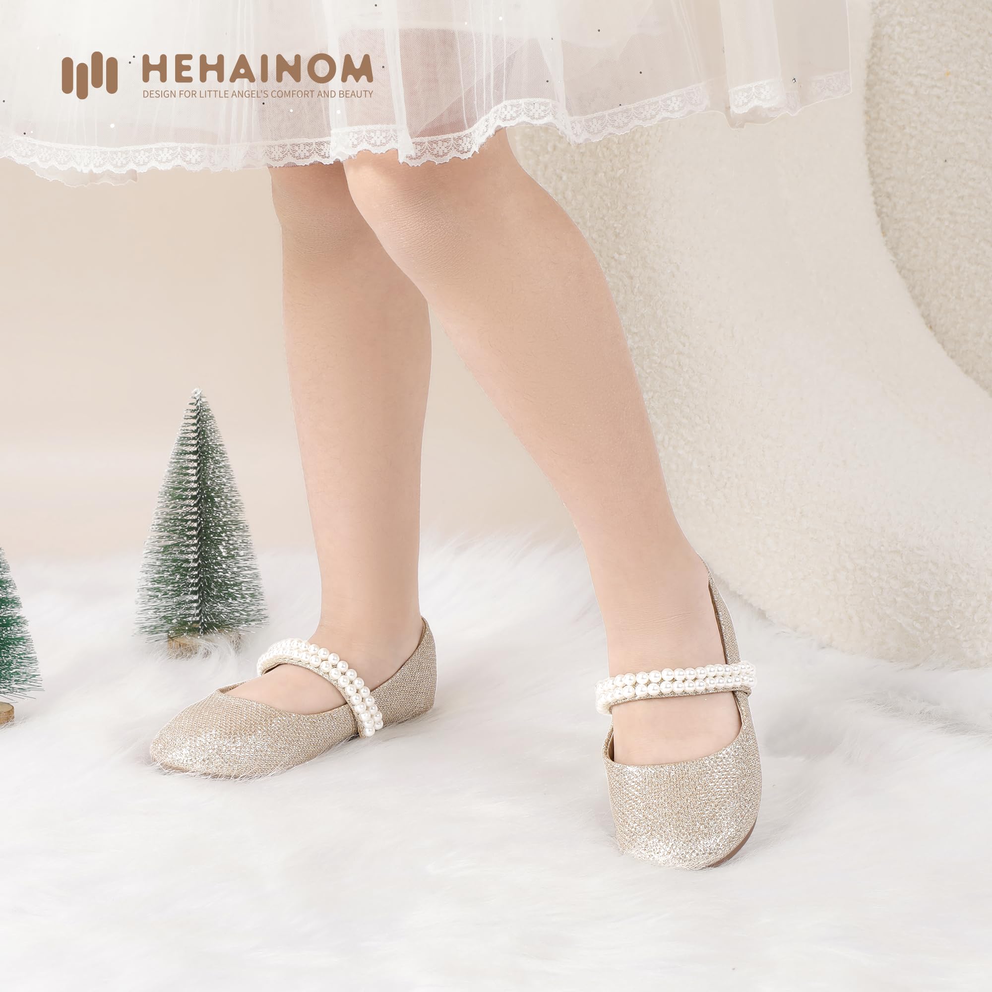 Hehainom Toddler Flower Girls Dress Shoes - Mary Jane Princess Ballet Flats with Bow & Pearls for Party, School, Wedding, Pageant | Comfortable & Stylish Toddler Shoes for Special Occasions