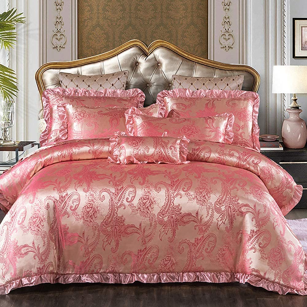 FMOGG King Size Silk Duvet Cover Set - Grey & Gold Jacquard for Luxury Bedroom