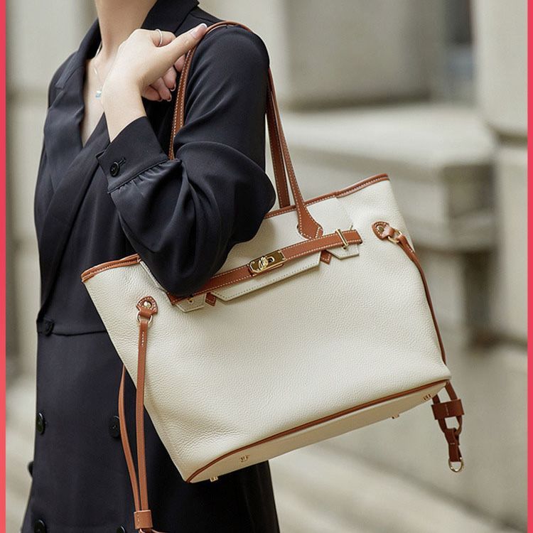 Genuine Leather Tote Bag with Lock Design - Large Capacity Shoulder Bag for Women, Perfect for Work, Travel, and Everyday Use