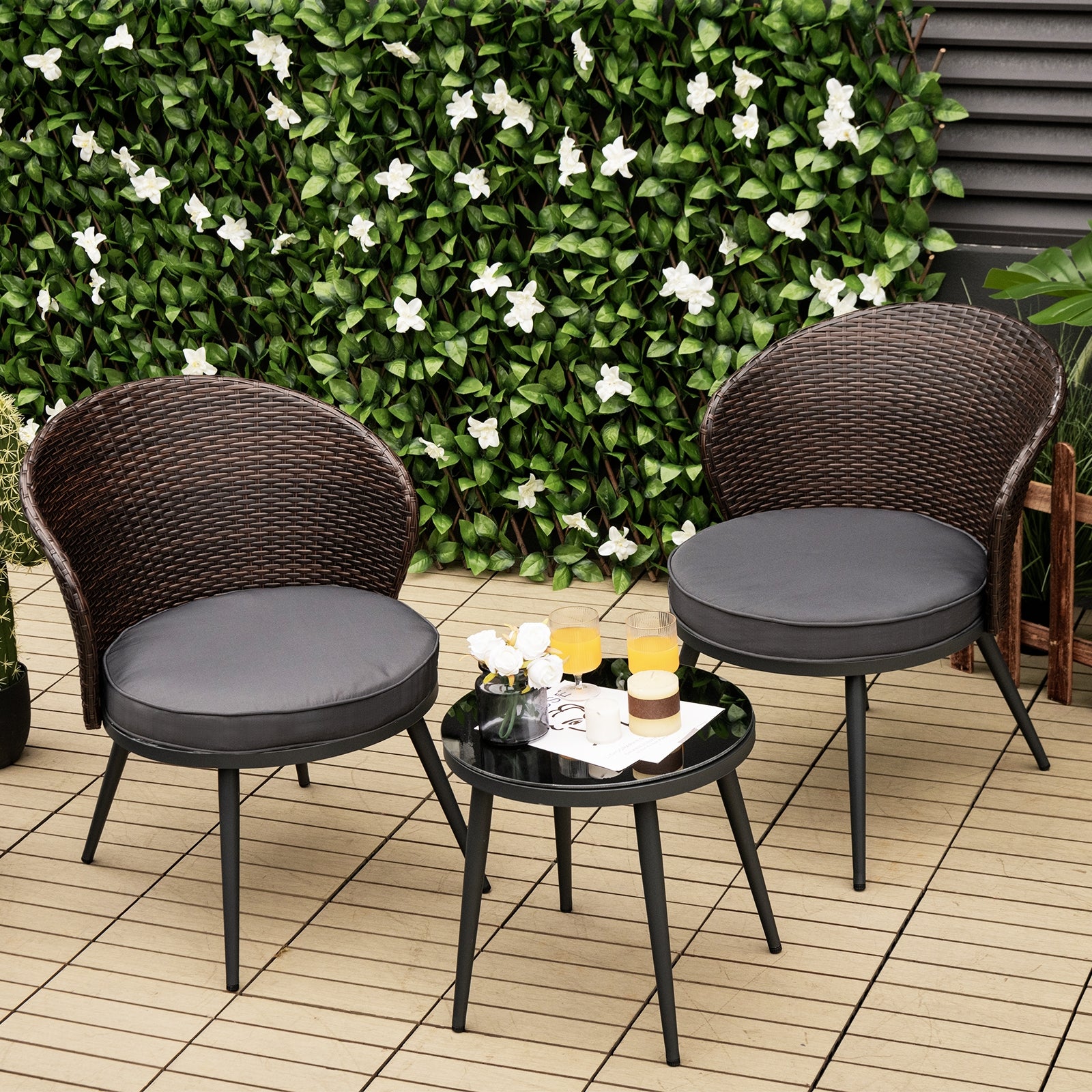 Costway 3-Piece Patio Bistro Set with Rattan Chairs, Seat Cushions & Tempered Glass Tabletop - Outdoor Garden, Balcony, or Poolside Dining Furniture Set