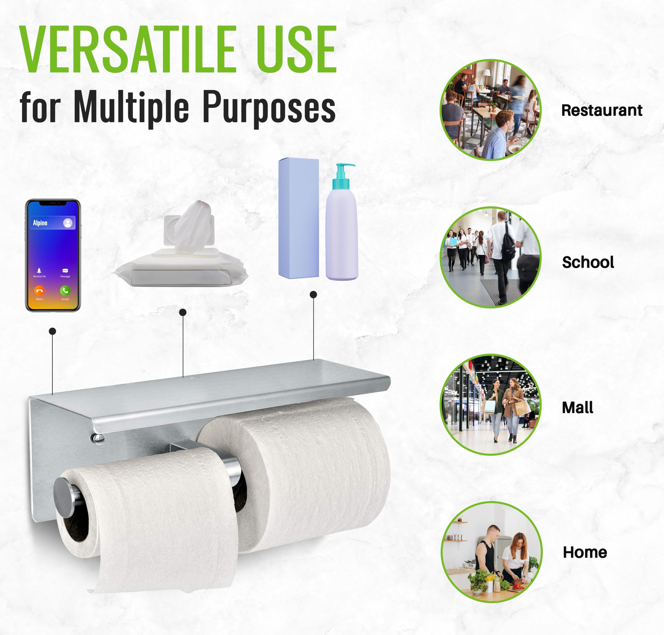 Double Toilet Paper Holder with Shelf - Rust-Resistant Brushed Stainless Steel Bathroom Tissue Dispenser | Wall Mounted Dual Roll TP Holder with Phone Shelf | Perfect for Modern Bathrooms, Restaurants & Commercial Spaces
