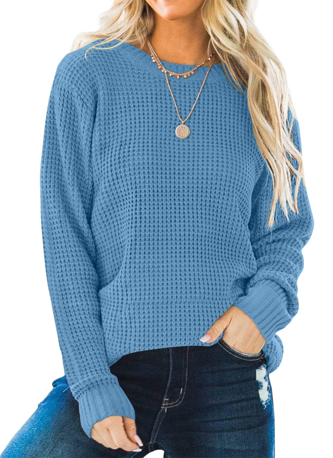 ZESICA Women's 2023 Fall Long Sleeve Crew Neck Waffle Knit Casual Loose Oversized Pullover Sweater Jumper Tops - Cozy Autumn Outfit for Work, Date Night & Weekend Brunch
