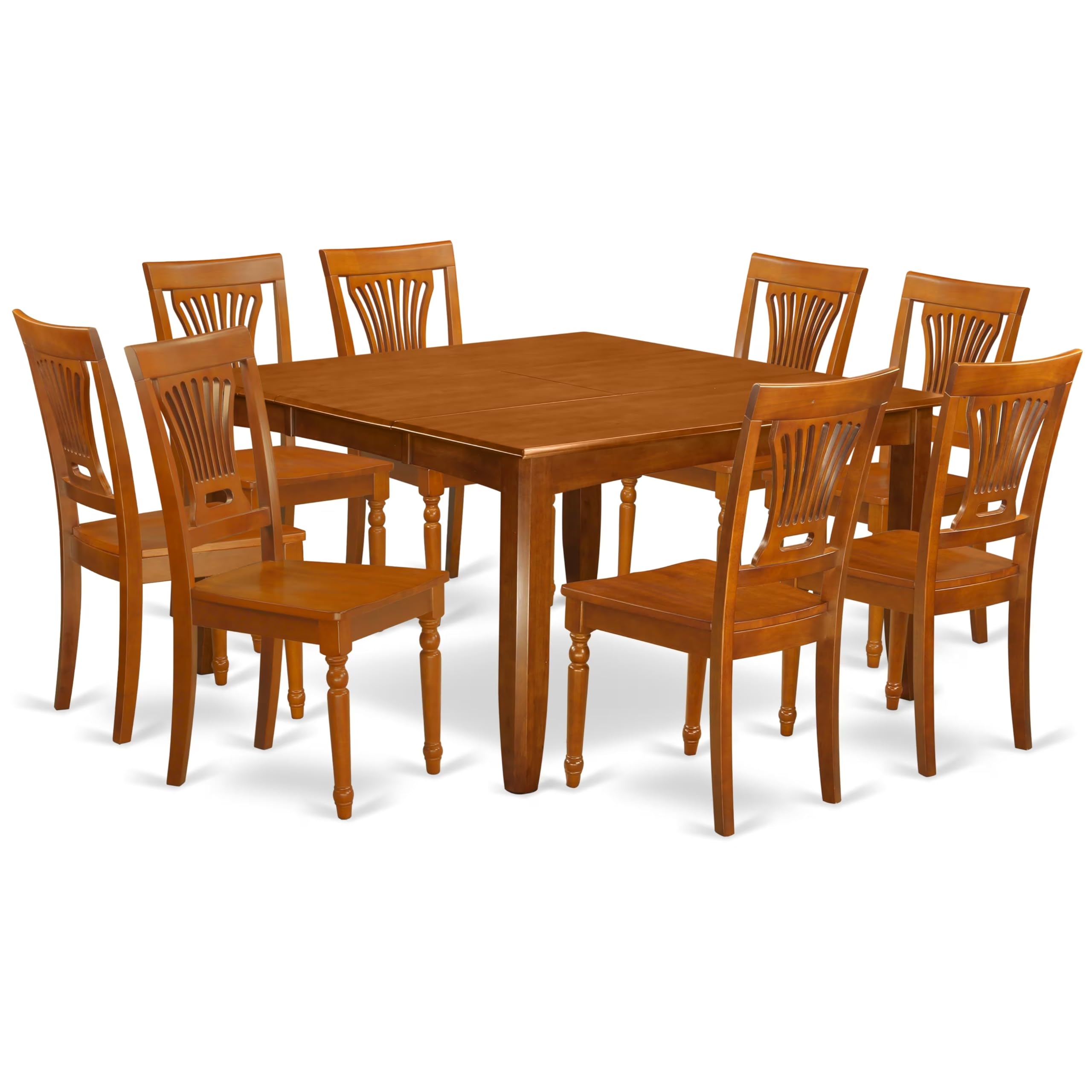East West Furniture 9-Piece Kitchen Dining Set - Square Table with Butterfly Leaf & 8 Chairs, 54x54 Inch, Saddle Brown - Perfect for Family Meals, Dinner Parties & Small Space Dining Rooms