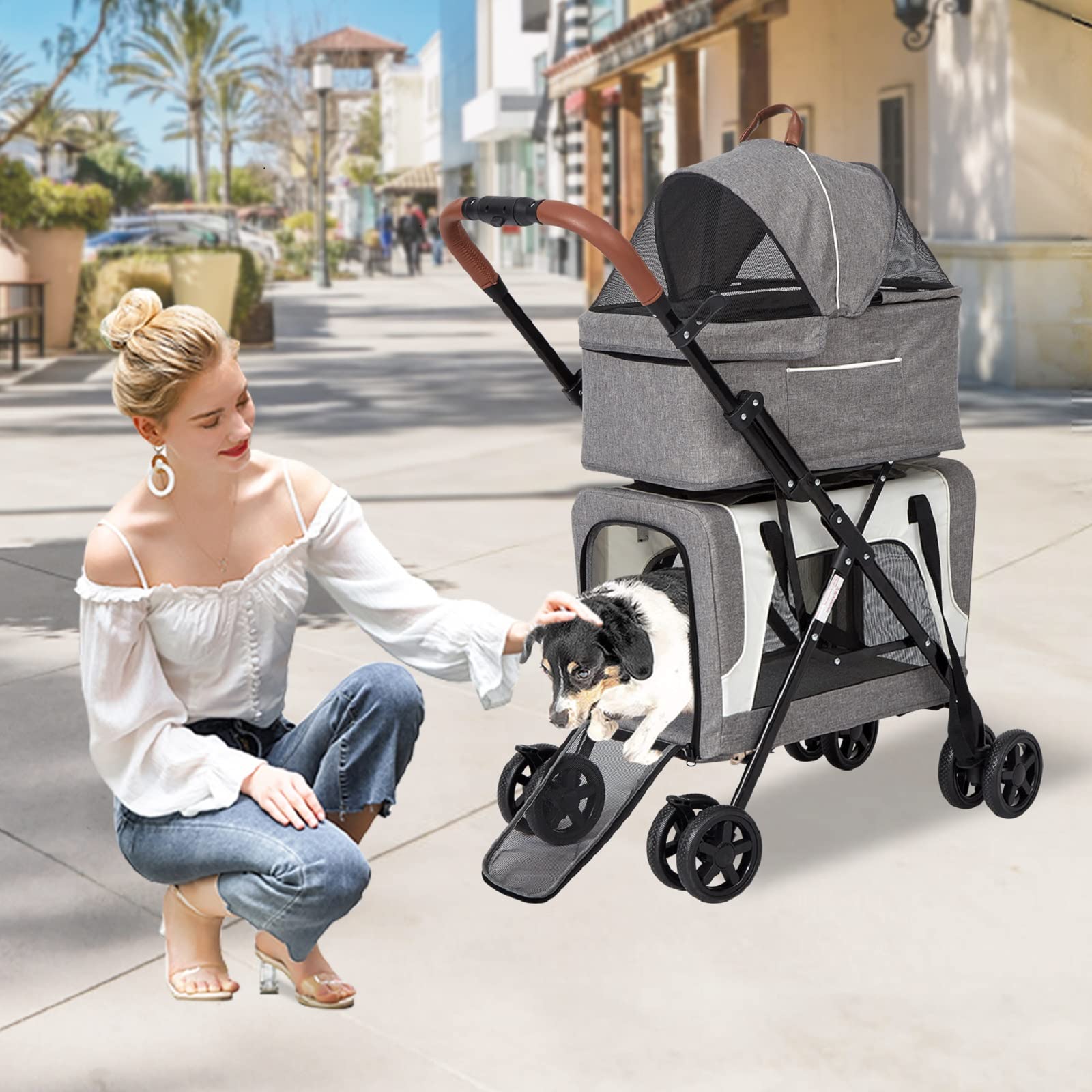 Premium 2-in-1 Pet Stroller for Small Dogs & Cats - Double Pet Carrier with Detachable Jogging Wheels, Safety Belt & Storage Pockets | Perfect for Outdoor Walks, Jogging, Vet Visits & Shopping Trips (Grey)