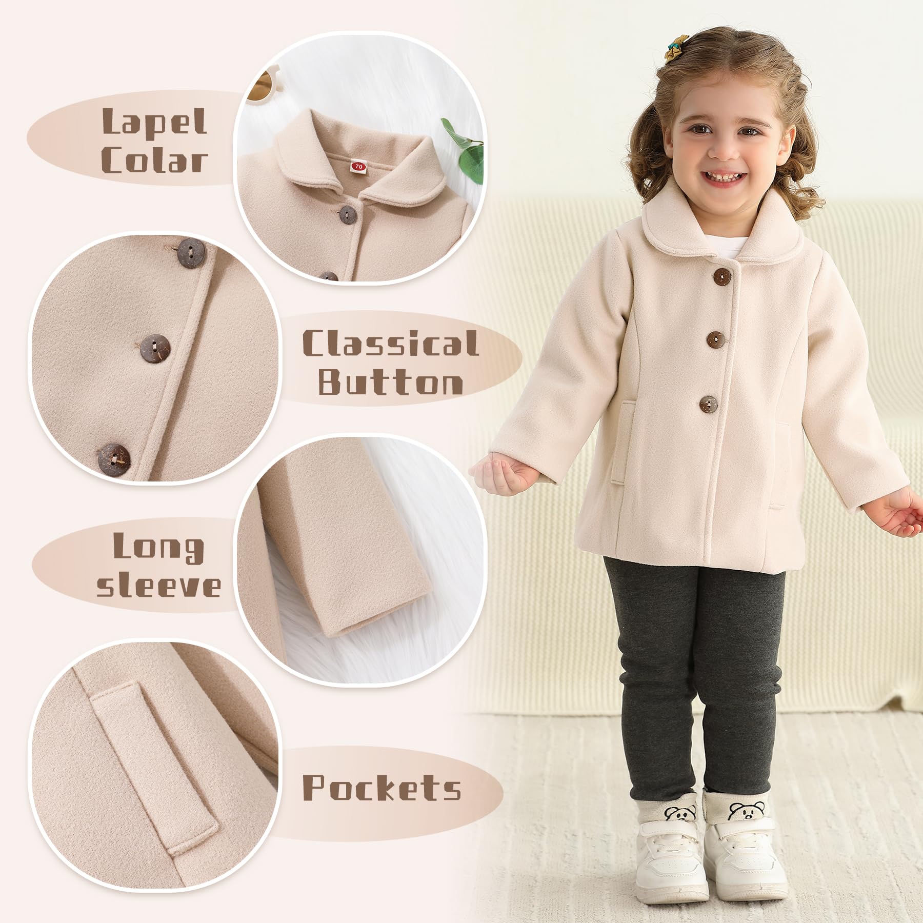 JEELLIGULAR Toddler Baby Girl Winter Coat - Warm Thick Jacket with Button Closure for Fall & Winter Outwear - Perfect for Outdoor Play, School & Family Trips