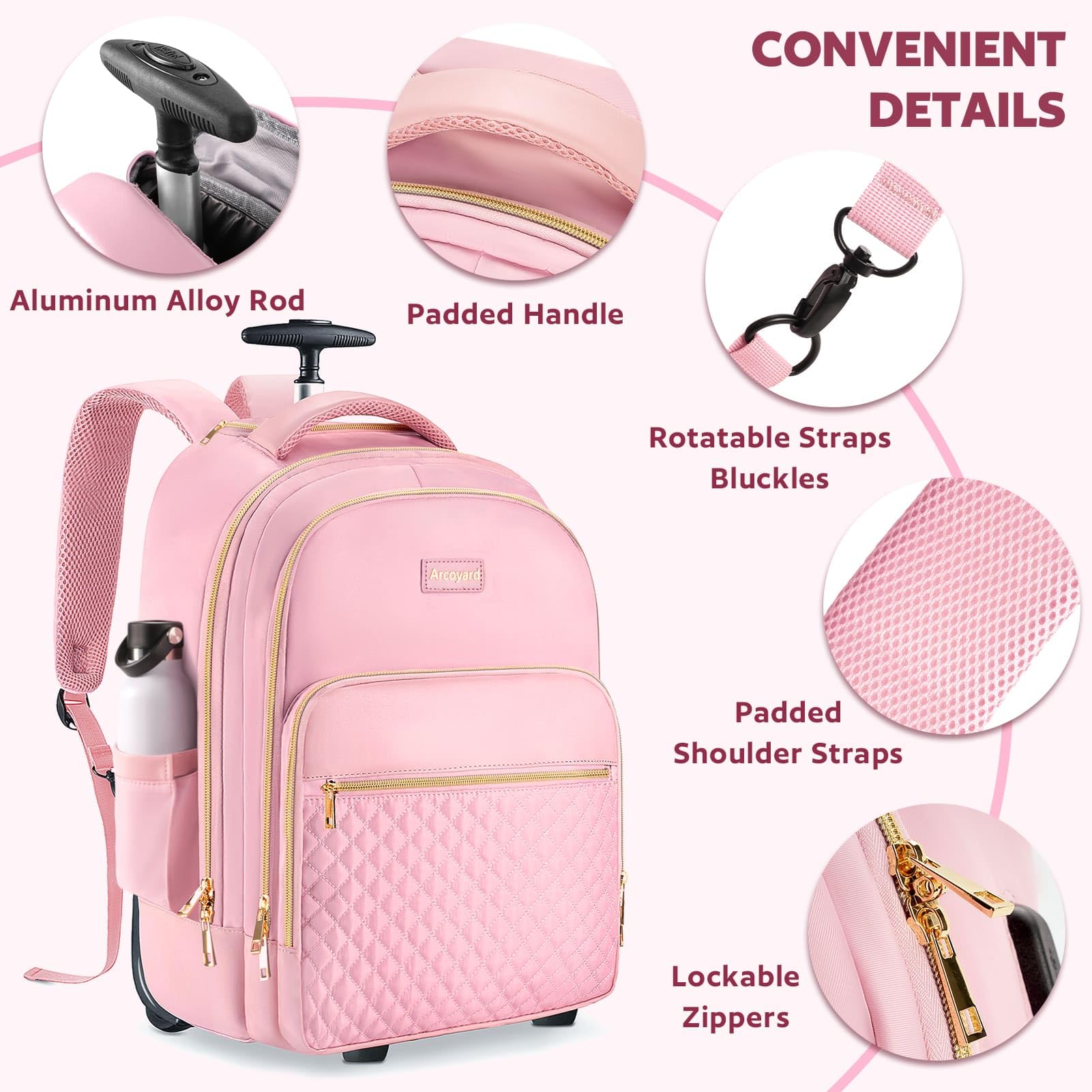 40L Rolling Backpack for Women - Pink Gold Wheeled Carry-On Luggage for Travel