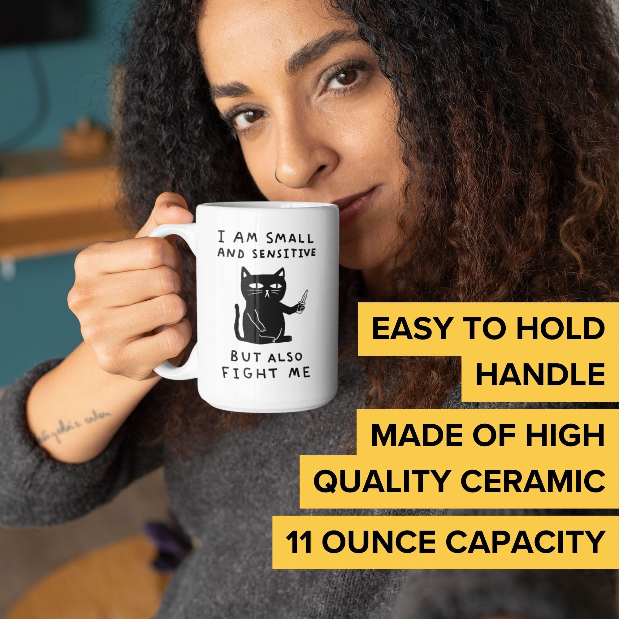 LookHUMAN Funny Cat Coffee Mug - 15oz Double-Sided Print Ceramic Cup with Cute Cat Design, Dishwasher Safe Novelty Mug for Adults - Perfect for Coffee Lovers, Office Humor & Cat Enthusiasts