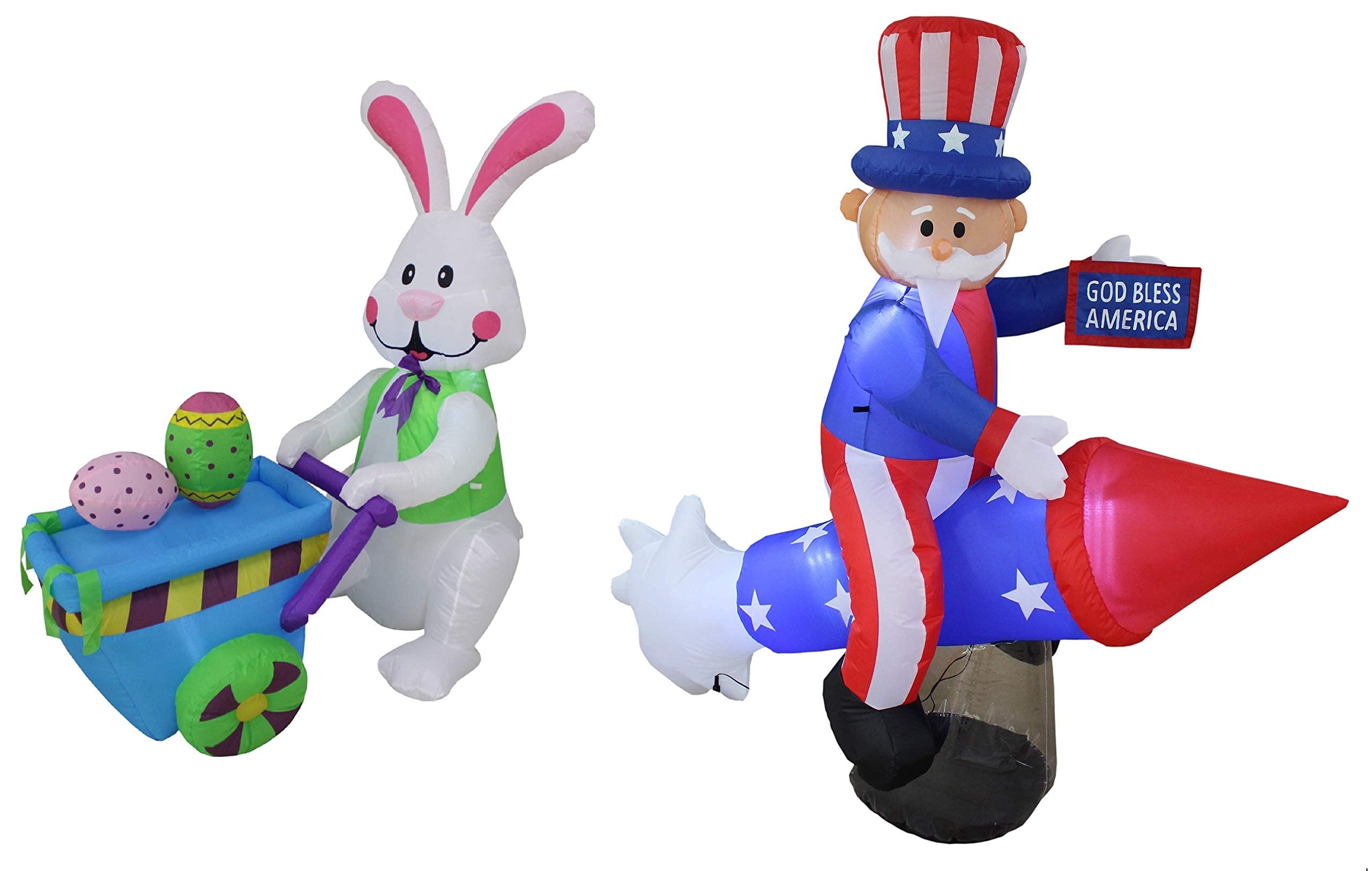 4ft Inflatable Easter Bunny with Cart & 6ft Inflatable Uncle Sam on Rocket Ship - Patriotic Party Decorations Bundle for Easter & Independence Day Celebrations, Backyard Decor, Holiday Events