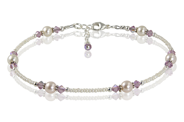 Light Amethyst Cream Pearl Beaded Anklet - Elegant Handmade Ankle Bracelet for Women, Boho Chic Jewelry for Summer Outfits & Beach Vacations