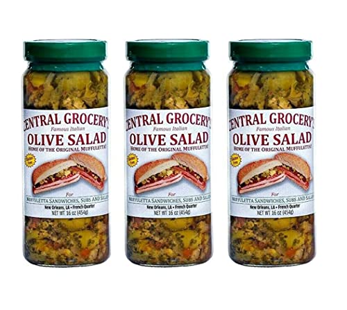 Central Grocery's Famous Muffaletta Italian Olive Salad - Authentic New Orleans Flavor - 3 Pack Glass Jars (16oz/454g Each) - Perfect for Sandwiches, Charcuterie Boards & Italian Recipes