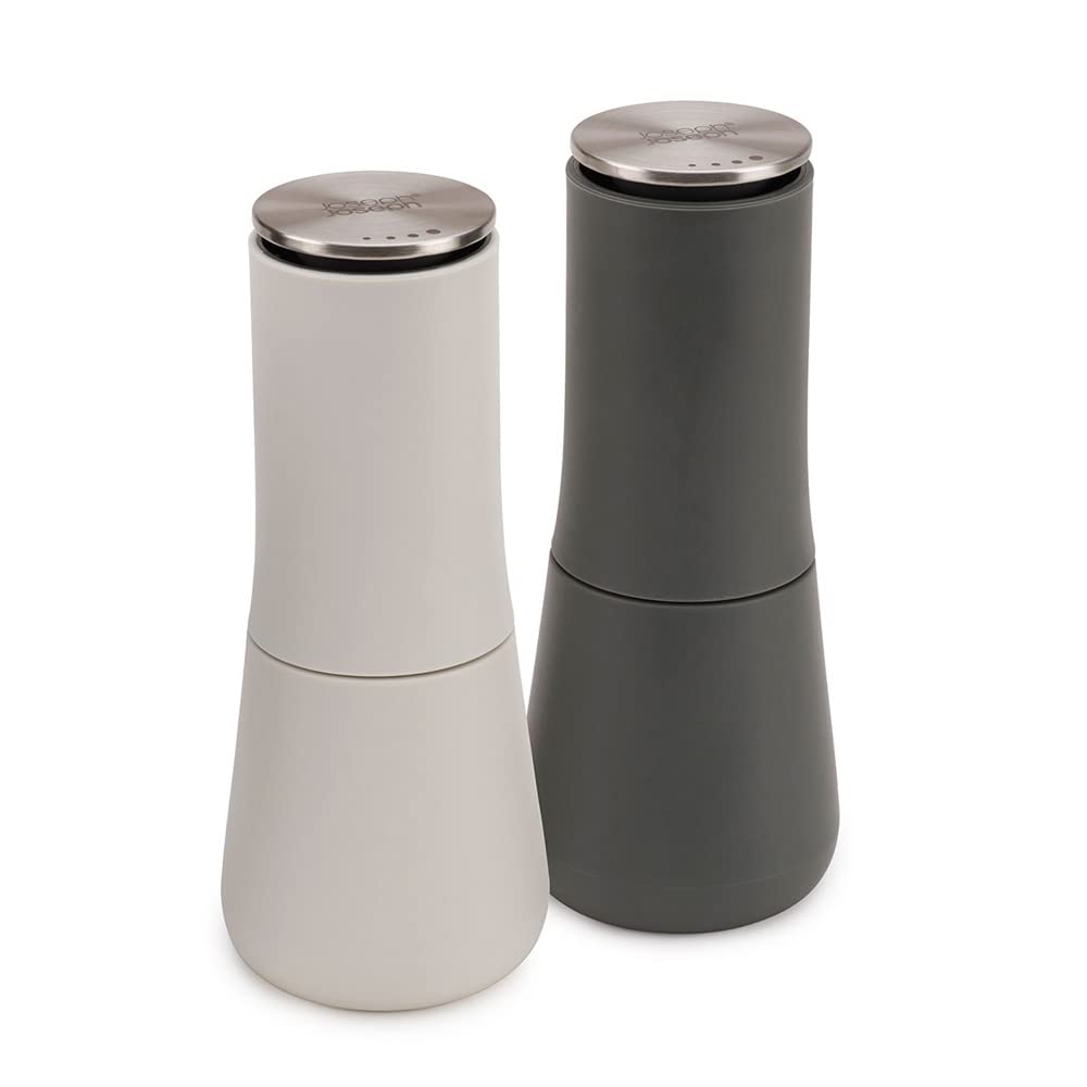 Joseph Joseph Milltop Adjustable Salt and Pepper Grinder Set - Dark Gray & White 2-Piece Spice Mill for Kitchen, Dining Table, and Outdoor Cooking - Coarse to Fine Grind Control