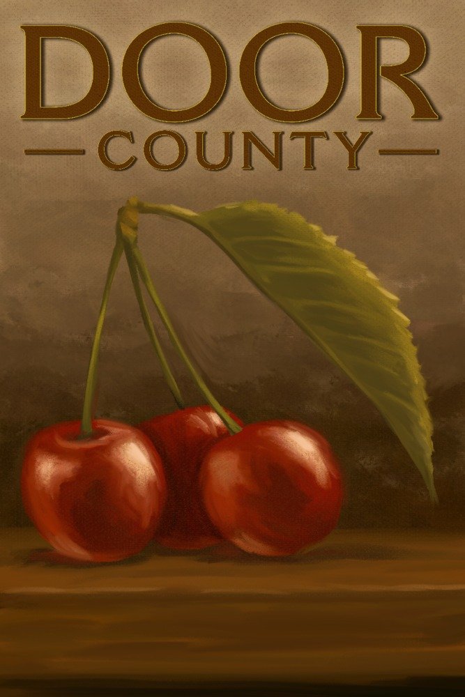 Door County Wisconsin Cherries Oil Painting - 12x18 Art Print, Travel Poster Wall Decor for Home, Office & Gift Giving