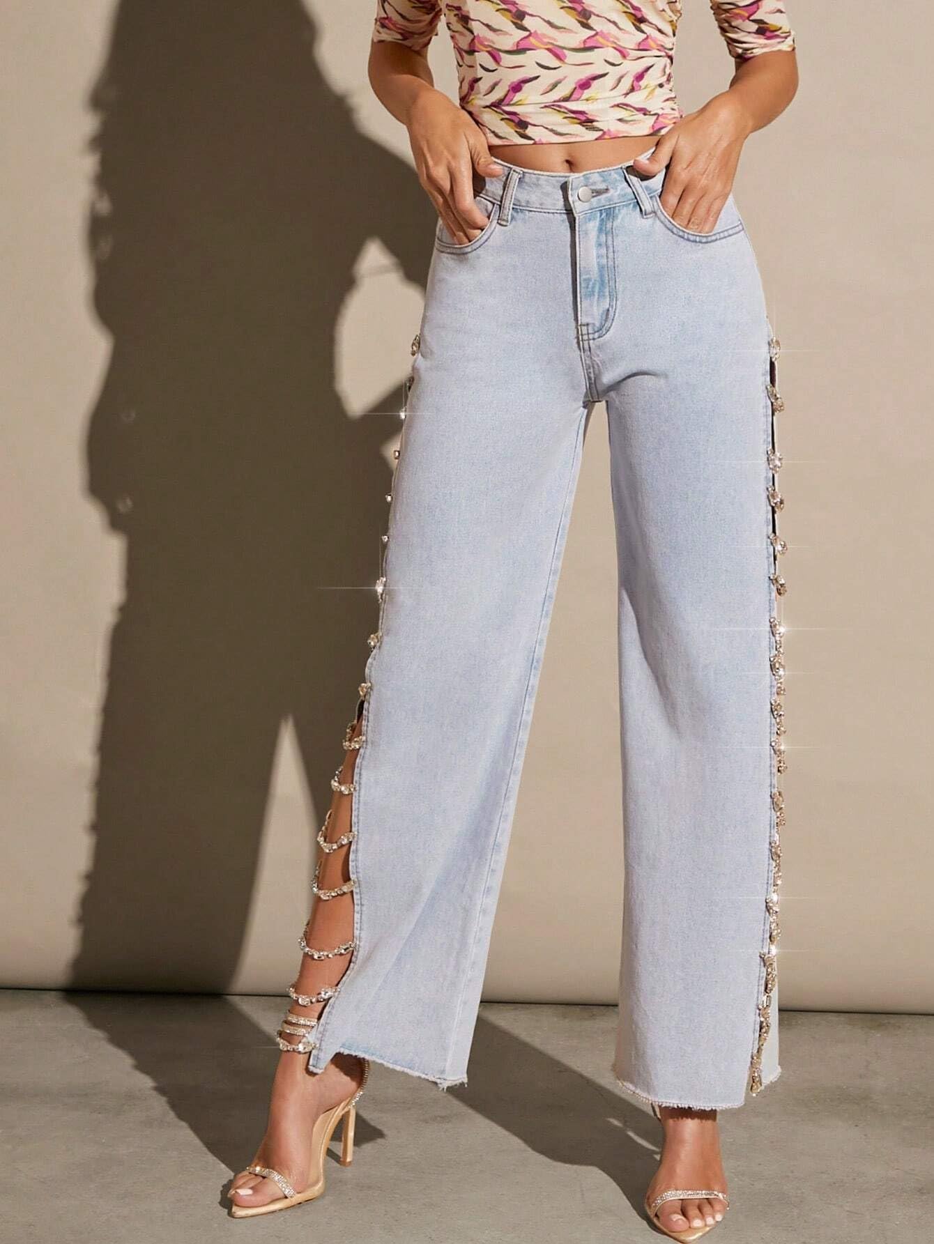 Women's Slim Fit Classic Relaxed Wide Leg Jeans with Side Slit & Gem Link Detail - Trendy Juniors Denim Pants for Casual Wear, Outings & Street Style Fashion