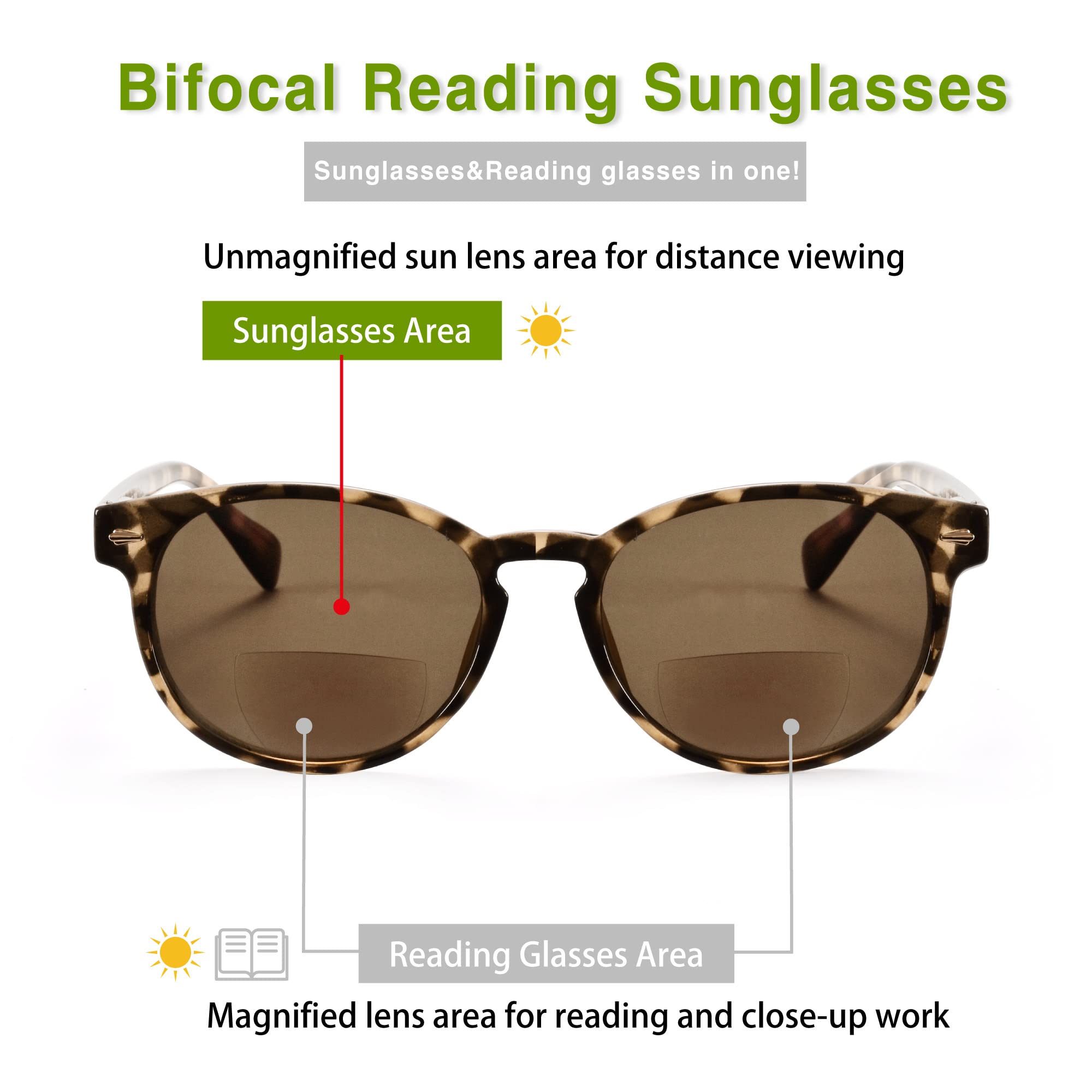 Madison Avenue Round Bifocal Reading Sunglasses for Women & Men - UV Protection Spring Hinge Sun Readers (Demi, 2.5) - Perfect for Outdoor Reading, Driving & Beach Activities