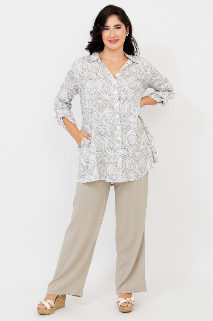 Celine Women's Mosaic Print Linen Bamboo Blouse - Elegant & Comfortable Top for Casual Wear, Office & Summer Outfits
