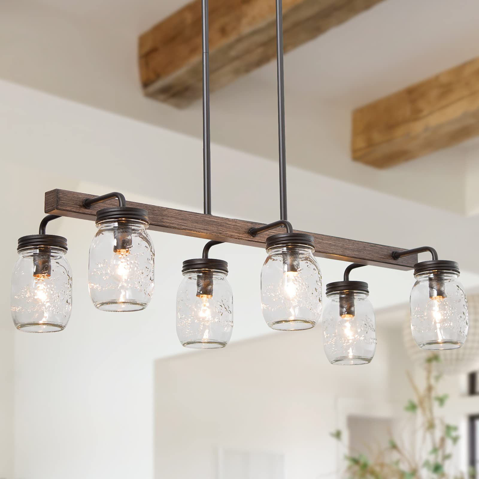 Vintage Mason Jar Chandelier - 6-Light Farmhouse Pendant Lighting for Kitchen Island & Dining Room - 27.5