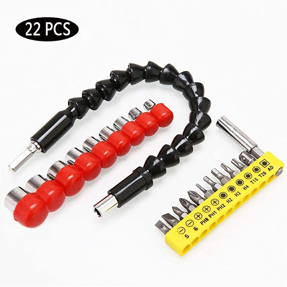 22-Piece Hex Socket Bit Set with Flexible Extension Shaft - Electric Screwdriver & Hand Drill Accessories Kit - Perfect for DIY Projects, Automotive Repairs, and Home Improvement Tasks