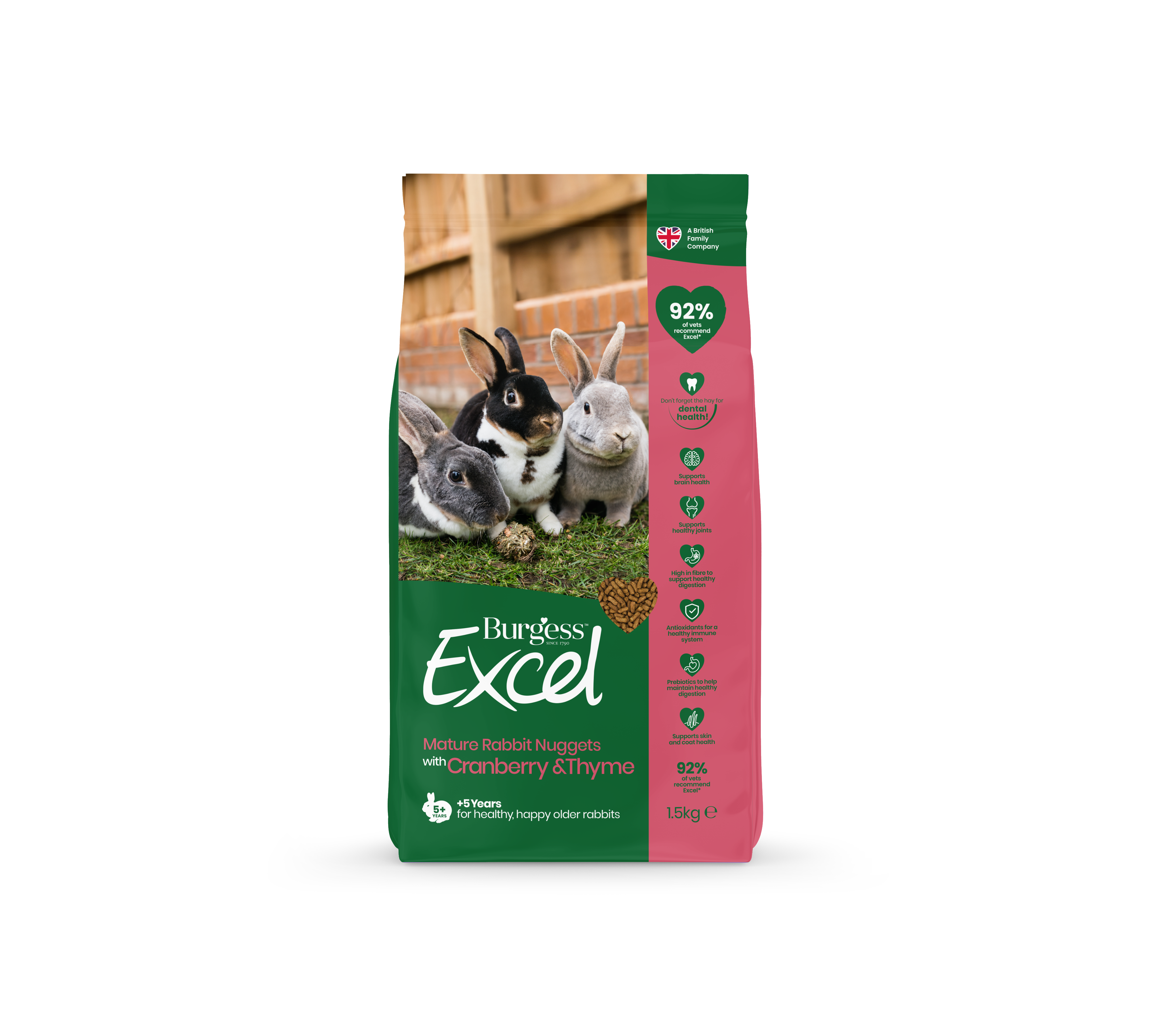 Burgess Excel Mature Rabbit Food with Cranberry & Thyme - 1.5kg Healthy Adult Rabbit Diet - Perfect for Indoor & Outdoor Rabbit Care