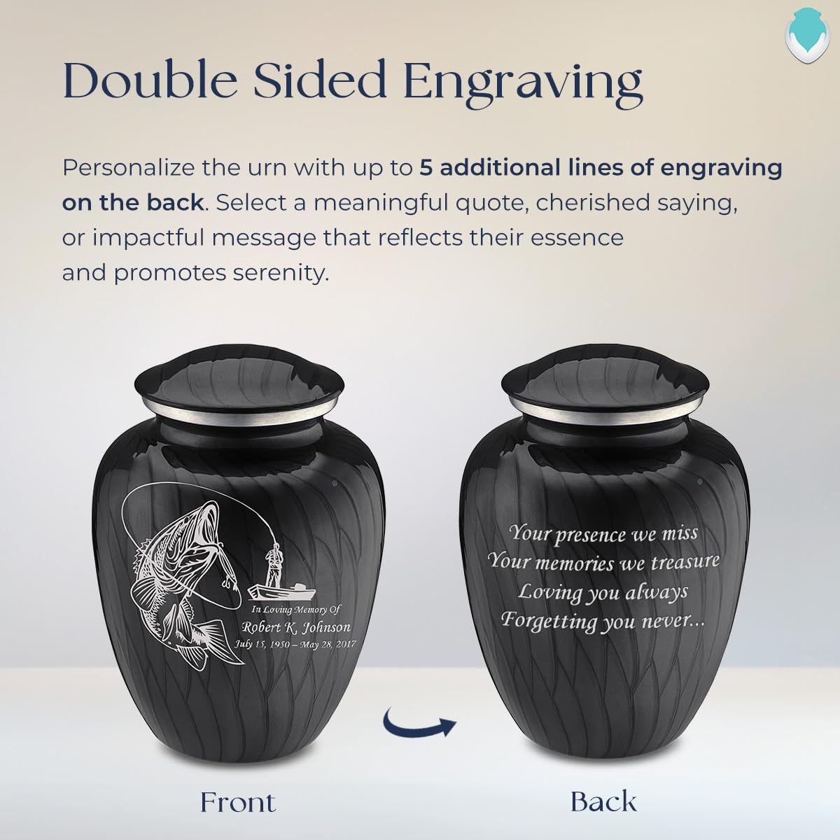 Personalized Fishing Cremation Urn for Ashes - Large Pearl Black Funeral Urn for Men & Women with Double Side Engraving - Holds 200 lbs - Perfect for Memorial Services & Home Display
