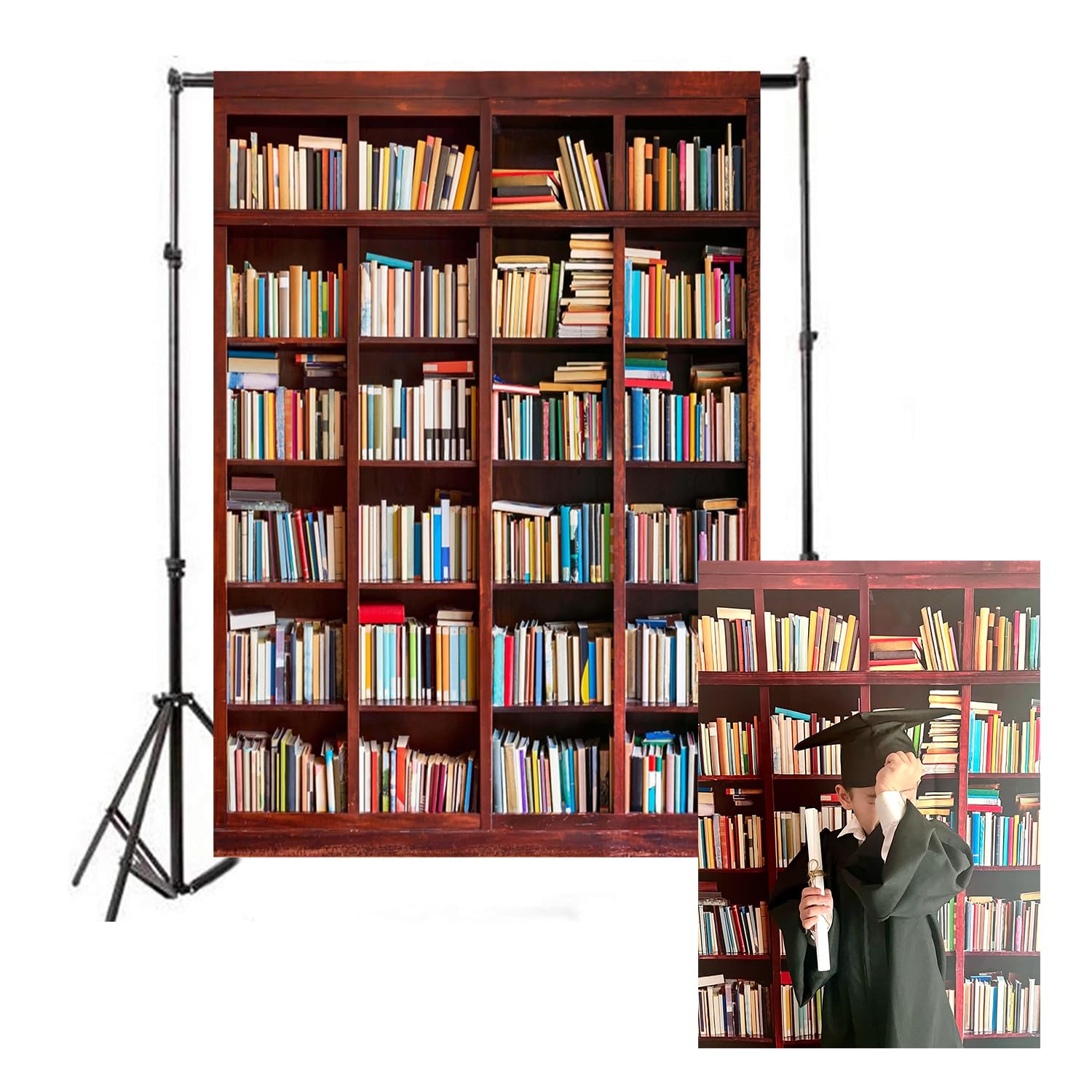 3x5ft Bookshelf Photography Backdrop - Vinyl Bookcase Background for Video Recording, Portrait Studio, Library & Book Store Decor - Ideal for Zoom Meetings, Video Calls, and Conference Backgrounds