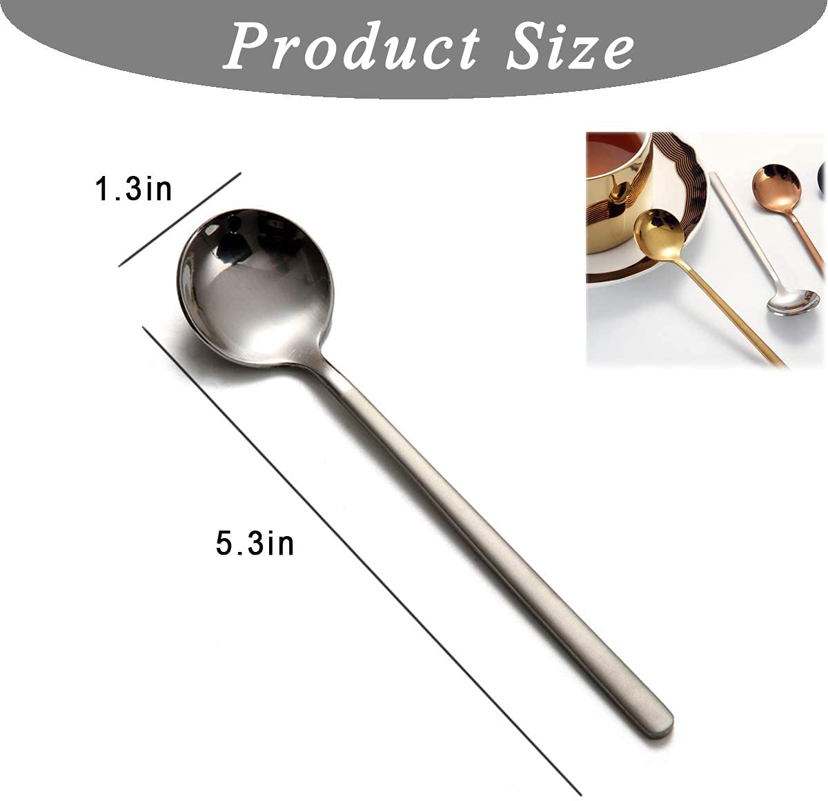 Pyson 5.3 Inch Stainless Steel Coffee Spoons Set - Mini Dessert Teaspoons with Frosted Handle for Espresso, Tea, Ice Cream, Cake & Soup (8 Pieces, 4 Colors) - Perfect for Home, Cafe & Restaurant Use