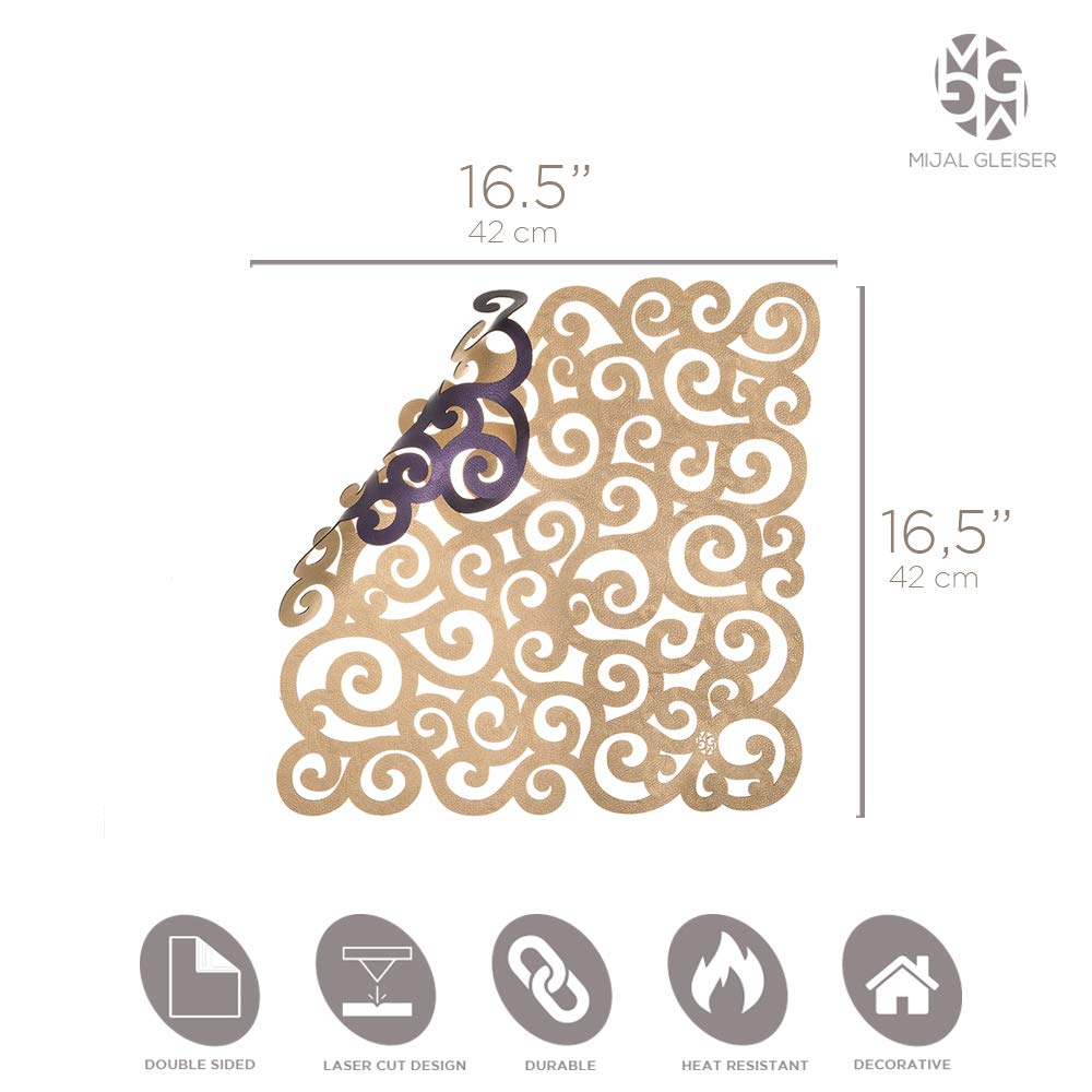 Mijal Gleiser Double Sided Laser Cut Placemats - Heat Resistant, Non Slip, Stain Proof Table Mats Set of 4 (Sea Snail Collection Gold & Purple) - Perfect for Dining Tables, Kitchen Countertops & Holiday Decorations