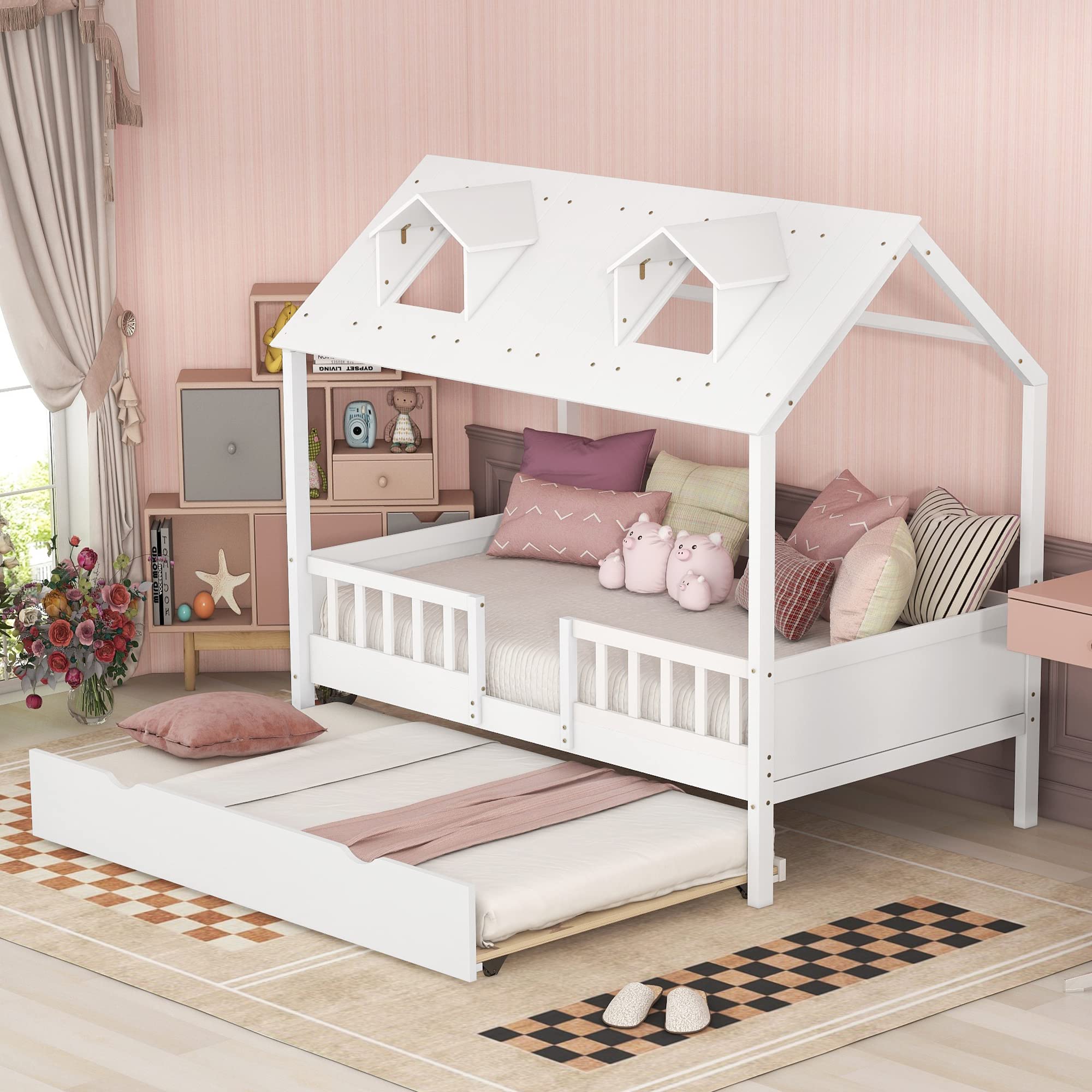 MERITLINE Twin House Bed with Trundle - White Wooden Platform Bed Frame with Roof for Kids, Teens, Boys & Girls - Perfect for Small Bedrooms, Playrooms & Kids' Sleepovers