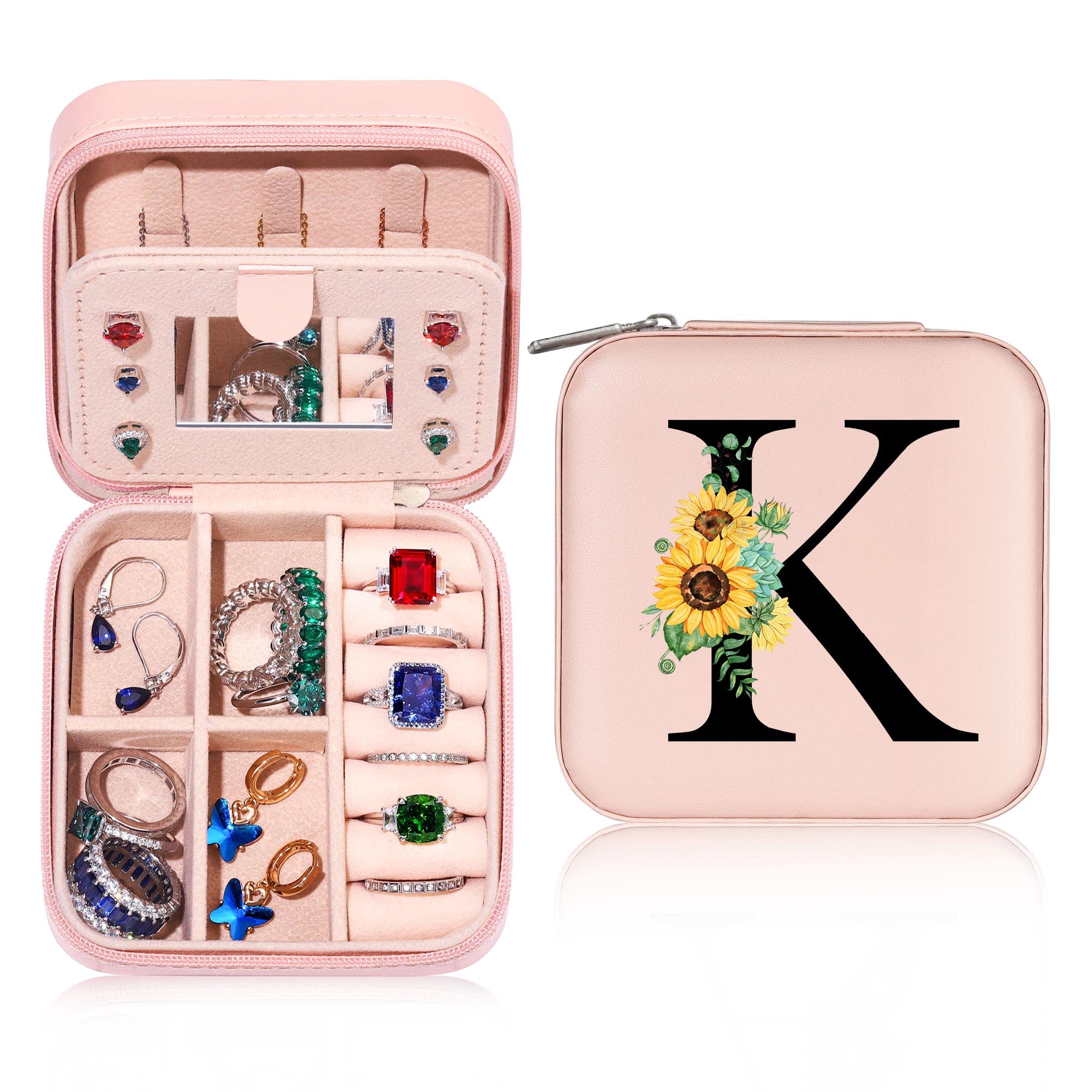 Parima Travel Jewelry Organizer Box - Sunflower Themed Personalized Gift for Women & Girls | Compact Jewelry Storage Case with Letter K Monogram - Perfect for Birthdays, Travel & Daily Use (Pink)