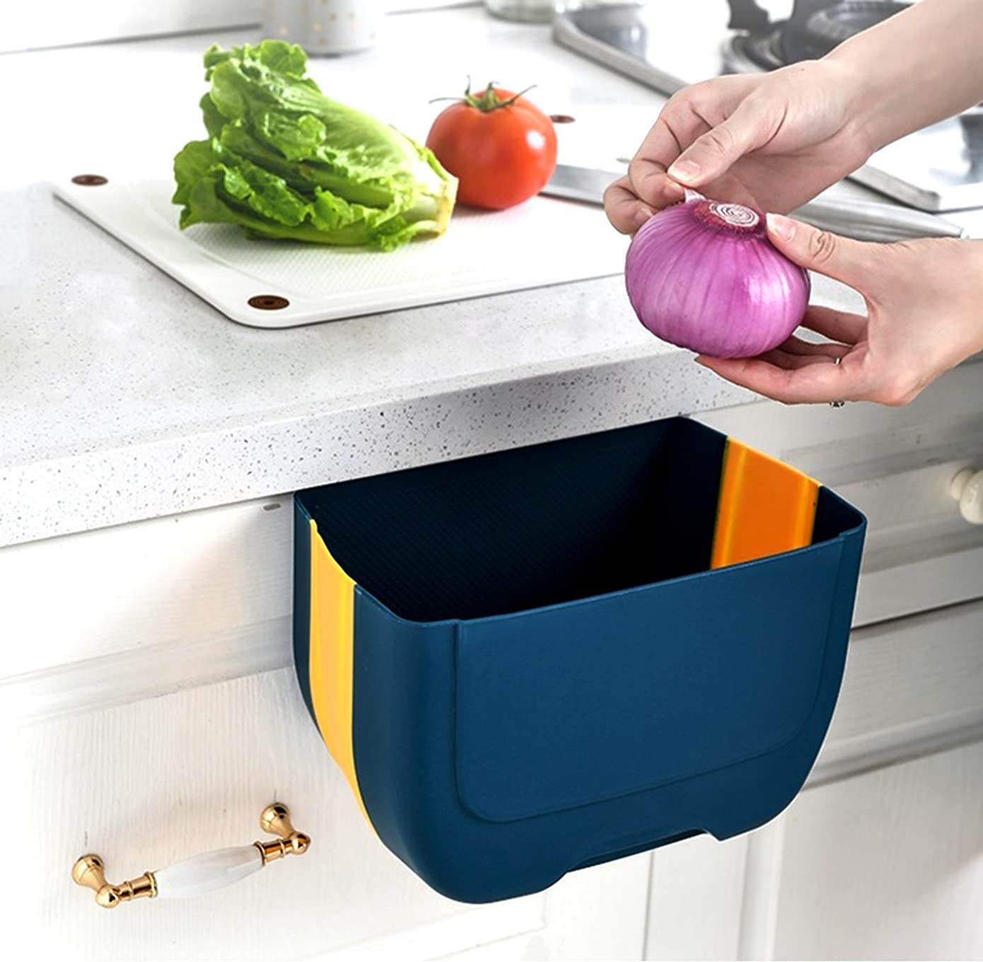 Foldable Hanging Trash Can for Kitchen Cabinet Door - 3L Collapsible Garbage Bin Under Sink, Wall Mounted Waste Container for Bathroom, Bedroom & Office - Space Saving Solution (Blue & Yellow) - Perfect for Small Spaces, RVs and Dorm Rooms
