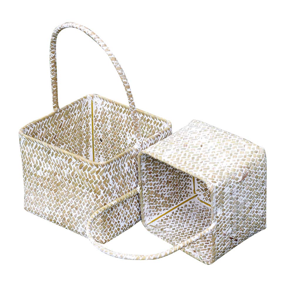 2 Pack Woven Seagrass Flower Basket - Decorative Rattan Laundry & Storage Basket, White Braided Wooden Planter for Desktop Flowers, Home Decor, Bathroom Organization & Farmhouse Style Decorating