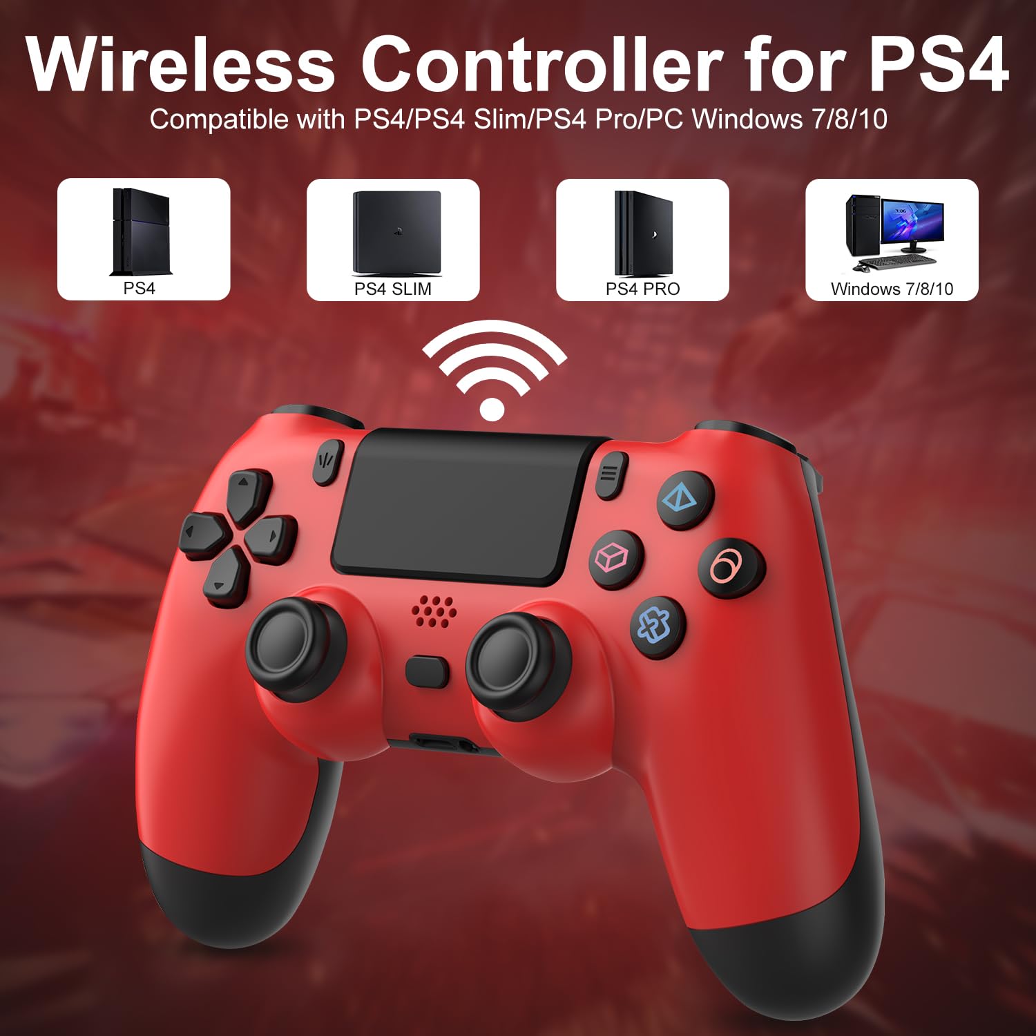 Wireless PS4 Controller with 3.5mm Headphone Jack - Compatible with PS4/PS4 Slim/PS4 Pro/PC, 800mAh Battery, Dual Vibration & Turbo Function - Red - Perfect for Gaming, Streaming & Long Play Sessions