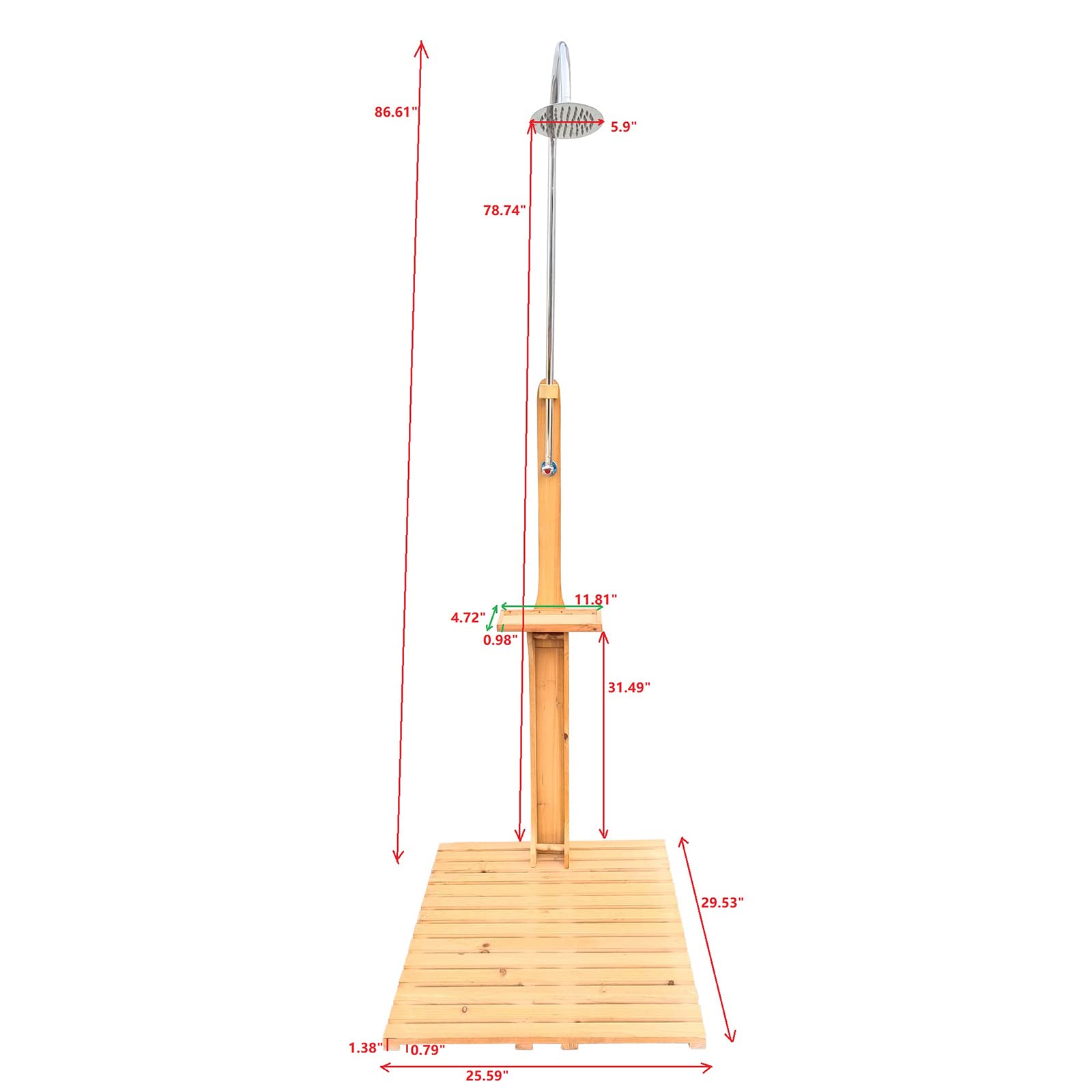 Premium Solid Fir Wood Outdoor Shower - Adjustable Water Pressure Portable Garden Shower with Storage Tray | Perfect for Swimming Pool, Camping, Patio & Terrace Use | Durable Teak Construction with Chassis Board