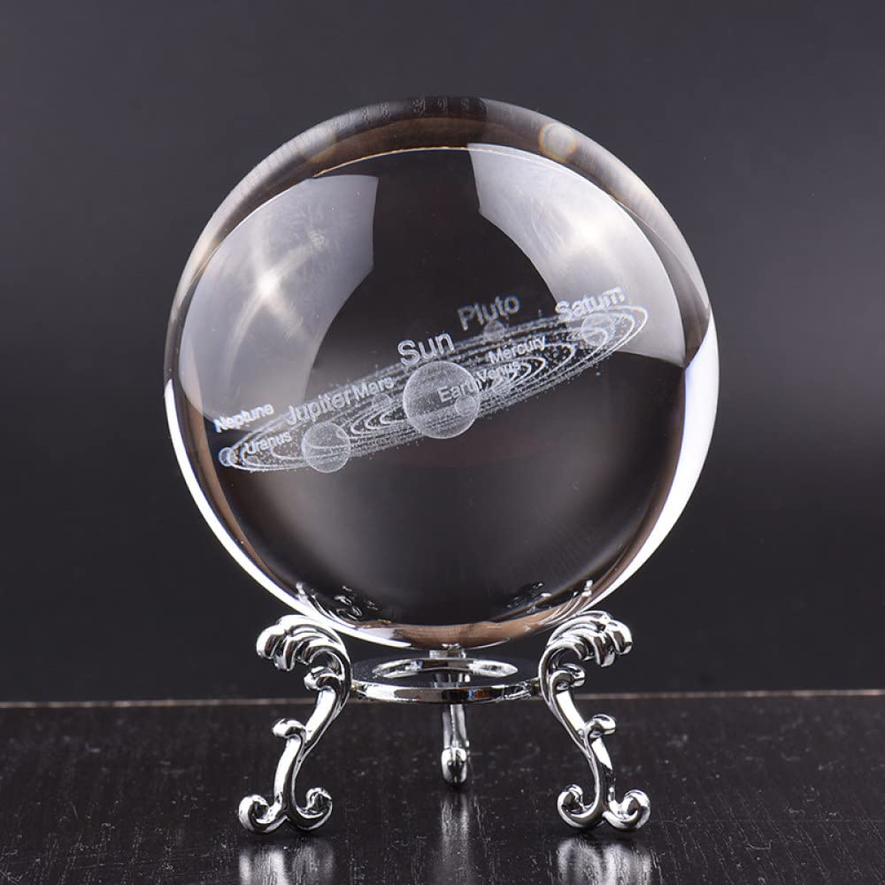 3D Solar System Crystal Ball with Engraved Planets - 6cm/8cm Glass Astronomy Decor, Silver Base - Perfect for Home Office Desk, Science Gifts & Celestial Theme Decorations