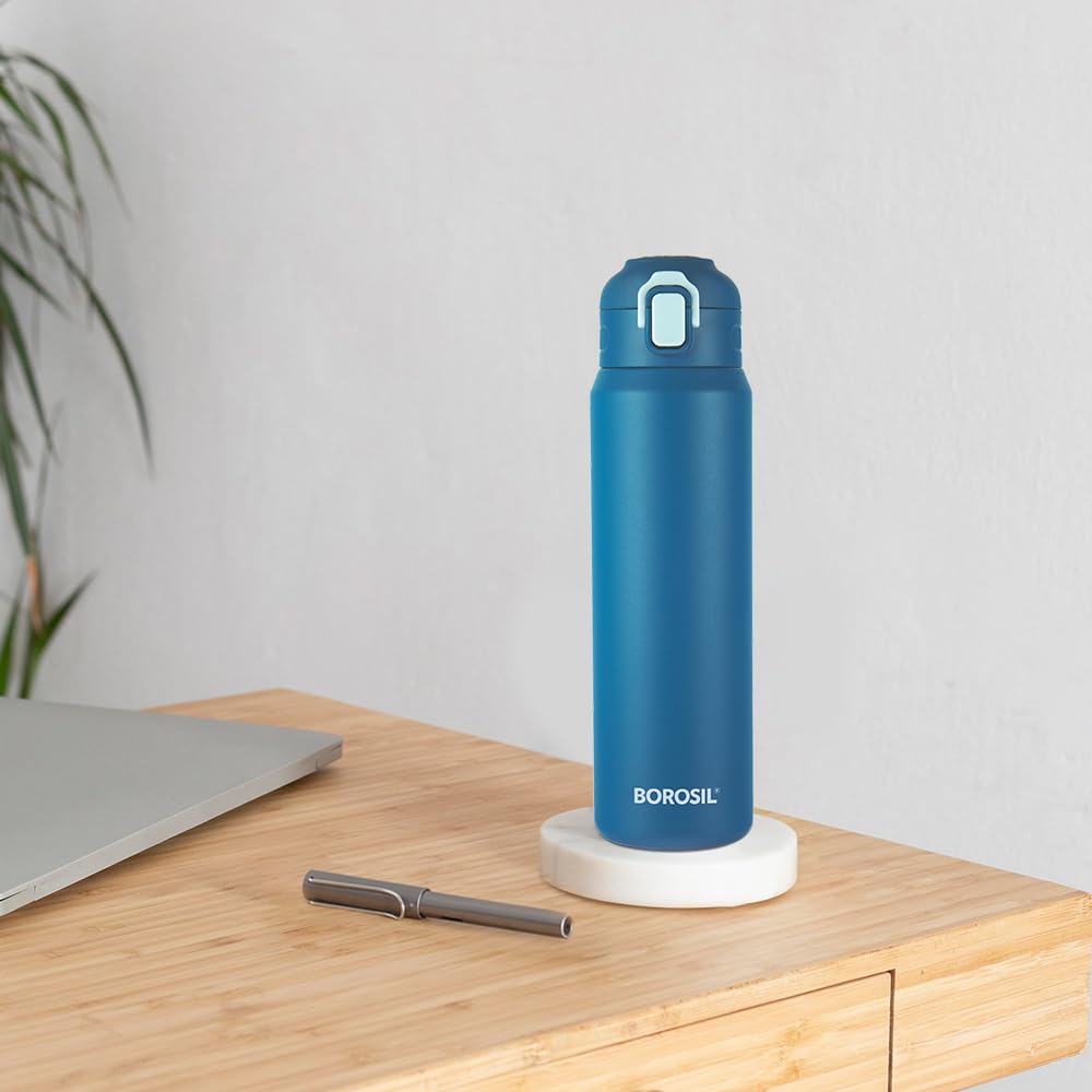 Borosil Aquasport 800ml Stainless Steel Insulated Water Bottle - 10 Hours Hot & Cold Retention, Double Wall Vacuum Insulated Flask for Office, Gym, School, Hiking & Outdoor Activities - 1 Year Warranty (Blue)