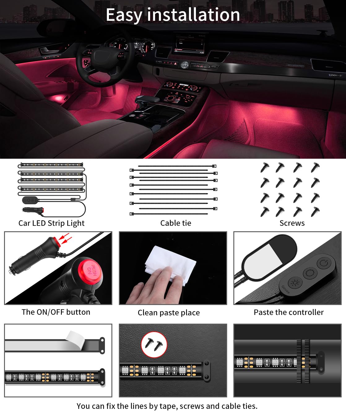 Govee Smart Car LED Interior Lights - App Controlled RGB Lights with DIY & Music Sync, 12V 2-Line Design with Car Charger | Perfect for Night Driving, Car Parties & Custom Vehicle Lighting