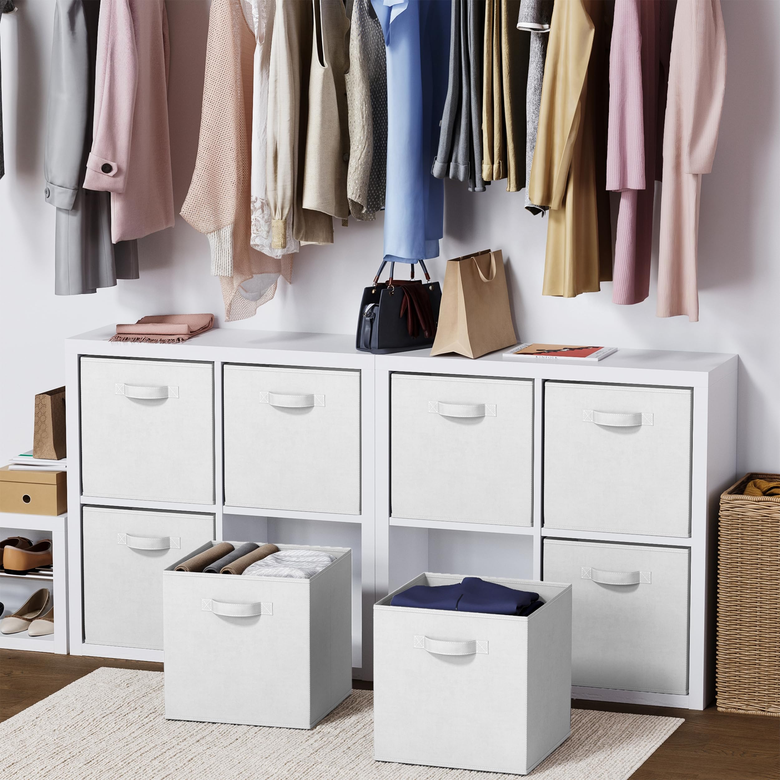 Heavy Duty Fabric Storage Cubes 8-Pack - 13 Inch White Cube Organizer Bins for Closet, Shelves & Cubbies - Perfect for Clothes, Toys & Home Organization