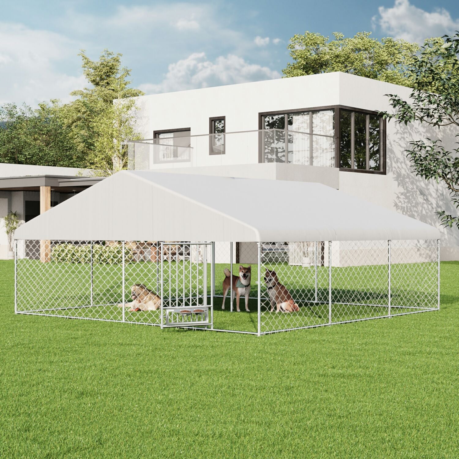 EROMMY 15x15ft Large Outdoor Dog Kennel with Waterproof Cover - Heavy Duty Galvanized Steel Metal Pet Cage with Lockable Door & Rotating Feeder - Perfect for Backyard, Garden, and Patio Use