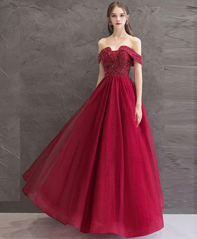 Elegant Burgundy Tulle Off-Shoulder Long Prom Dress for Women - Formal Evening Gown for Homecoming, Wedding Guest, or Special Occasions